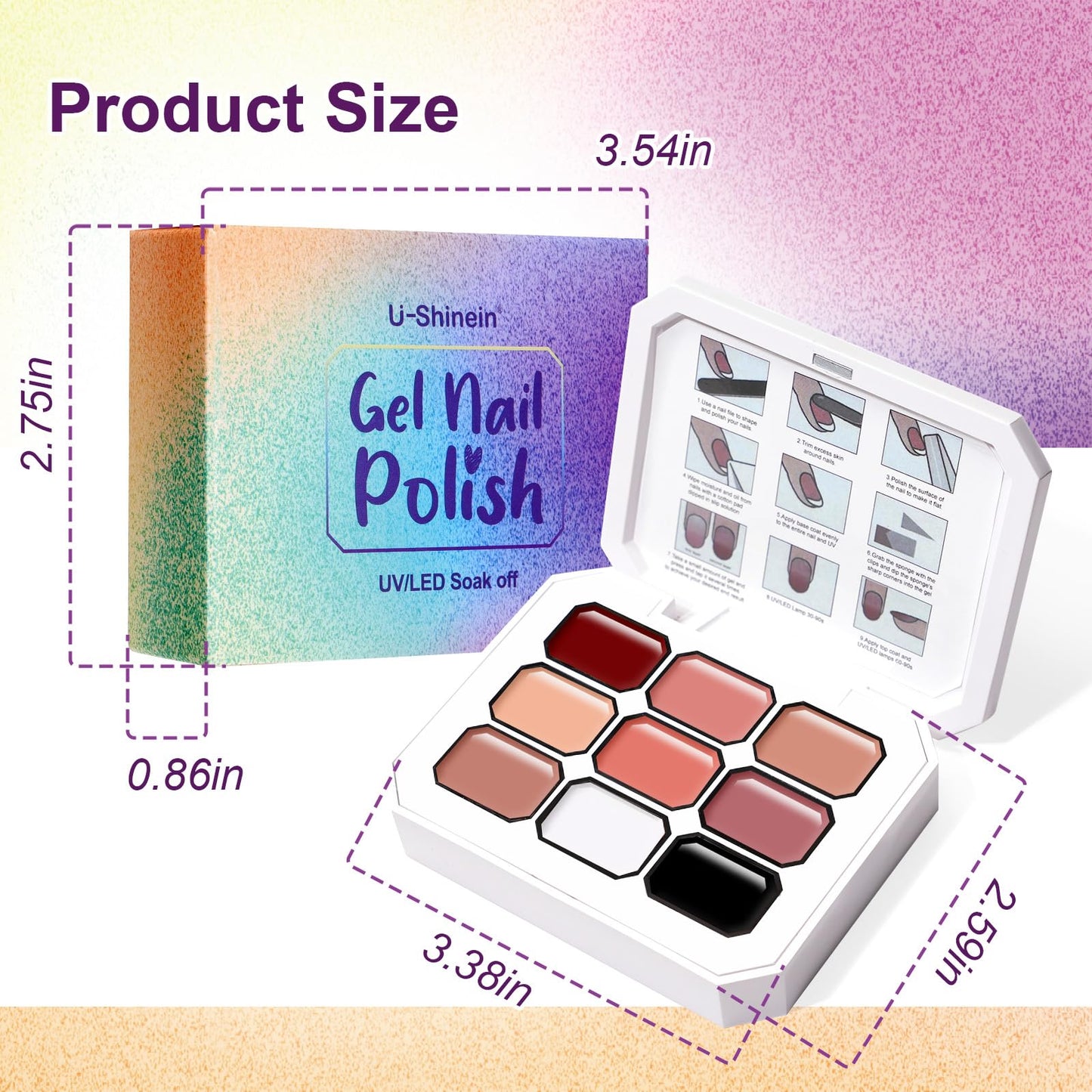 U-Shinein 9 Colors Pat Painting Nail Gel,Hema＆TPO Free,6-in-1 Gradient Ombre Paint Nails Gel Palette for Blooming,Nail Color Gel,Liner Gel,French Nail,with Chrome Powder,No Wipe,DIY Nail Art(E)