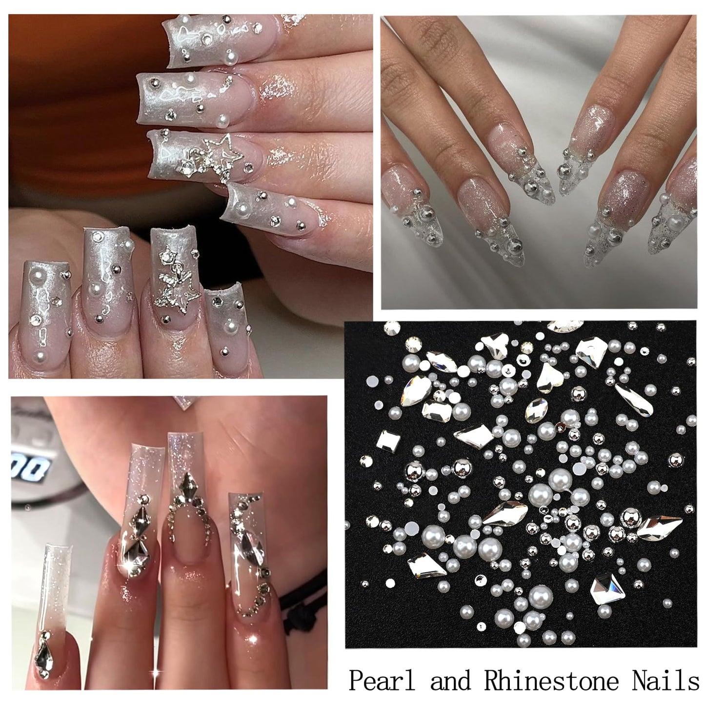SEMATA White Nail Art Pearls Charms Silver Clear Nail Gems Flatback Nails Rhinestones Pearls Half Round Silver Nails Beads Art Accessories Decoration Design for Women