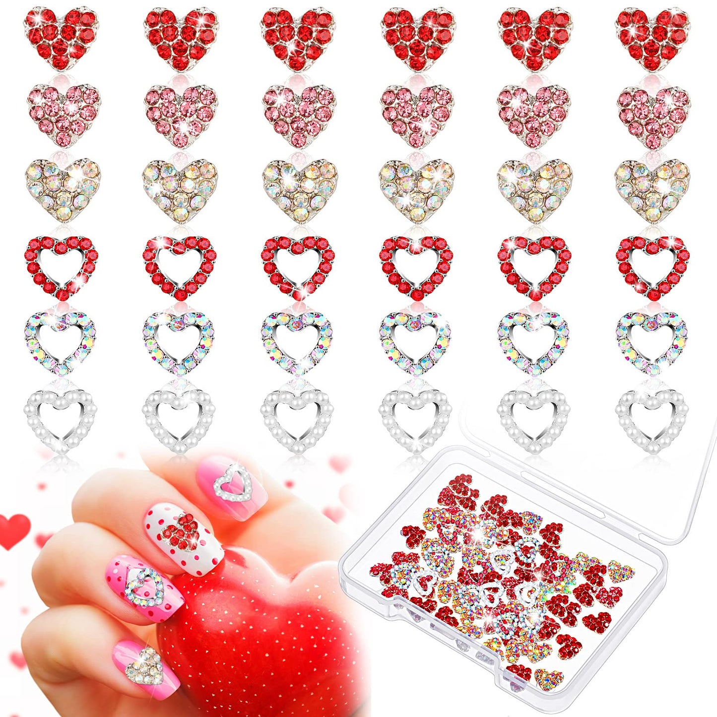 60 Pieces Valentines Day 3D Heart Nail Charms Heart Rhinestone Art Decals Love Crystal Gems Alloy Diamonds Decor for Valentine‘s Day Women DIY Nail Jewelry Accessories(Novel Style)