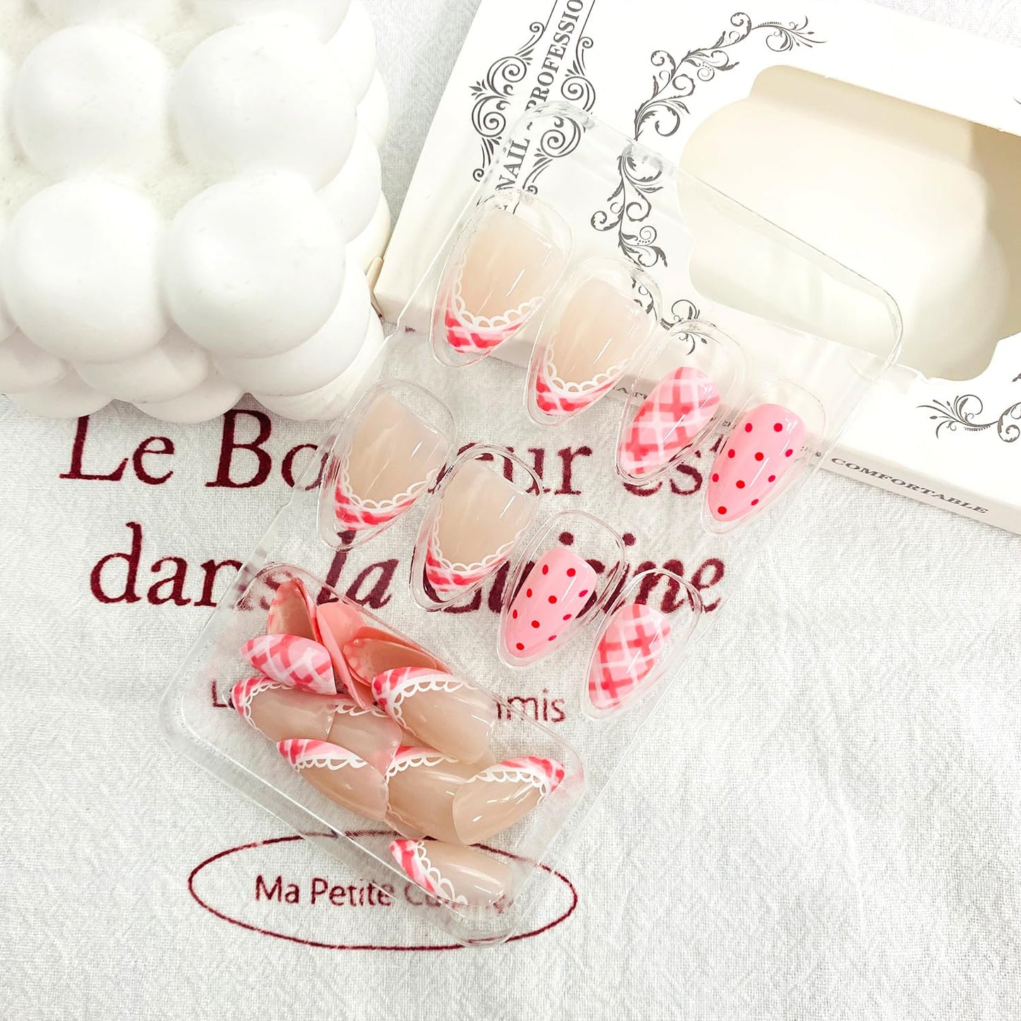 LWTZLW Cute Polka Dots Press on Nails French Tip Short Almond False Nails with Pink Grids Design Full Cover Glue on Nail Summer Reusable Acrylic Fake Nails Glossy Artificial Stick on Nail for Women