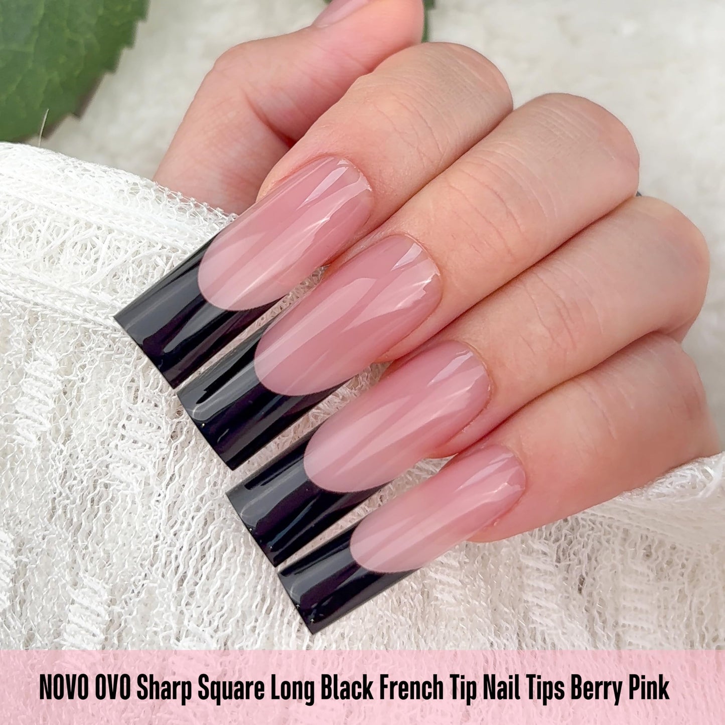 NOVO OVO Long Sharp Square Black French Tip Nail Tips Press on BERRY PINK, Extra Thick NEED Builder Gel & Top Coat & Glue, Soft Gel full Cover False Fake Nail Extension for Salon DIY x 15 Sizes 180 pc