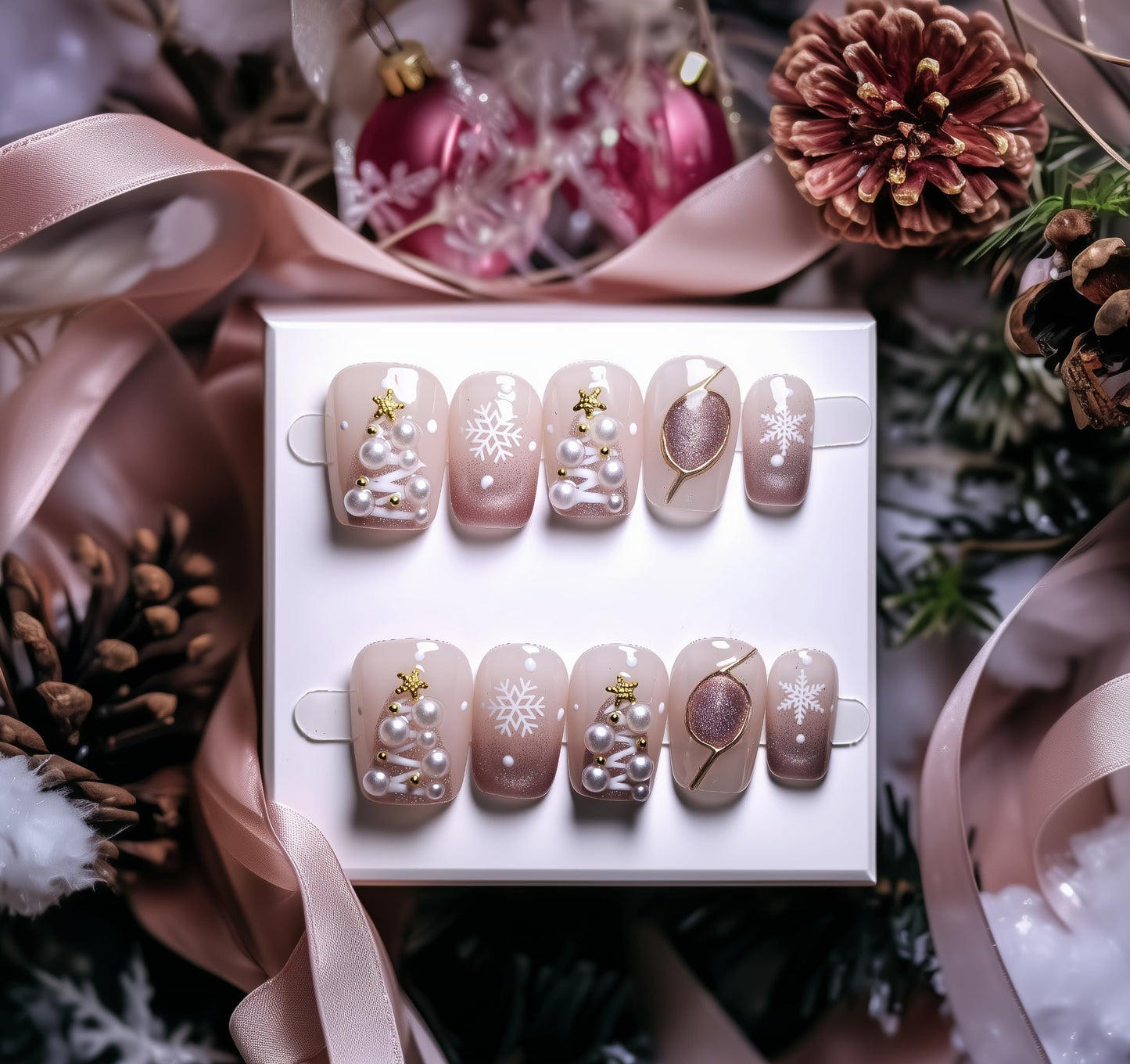 Fine Point Handmade Holiday Snowflake Pearl Press On Nails – 10 Piece Nude Pink Ombre Short Squavol False Nails with 3D Pearls, Christmas Tree & Gold Accents, Acrylic Nails, Festive (Size Medium)