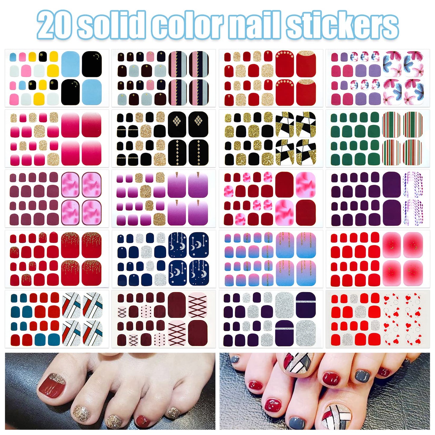 YECIRALA 20 Sheets 440 Pcs Fashion Designs Toe Nail Stickers Full Nail Wraps for Women Toenails Gel Nail Polish Stickers for Toes Nails Strips Stick On Nails Polish Strips Decals