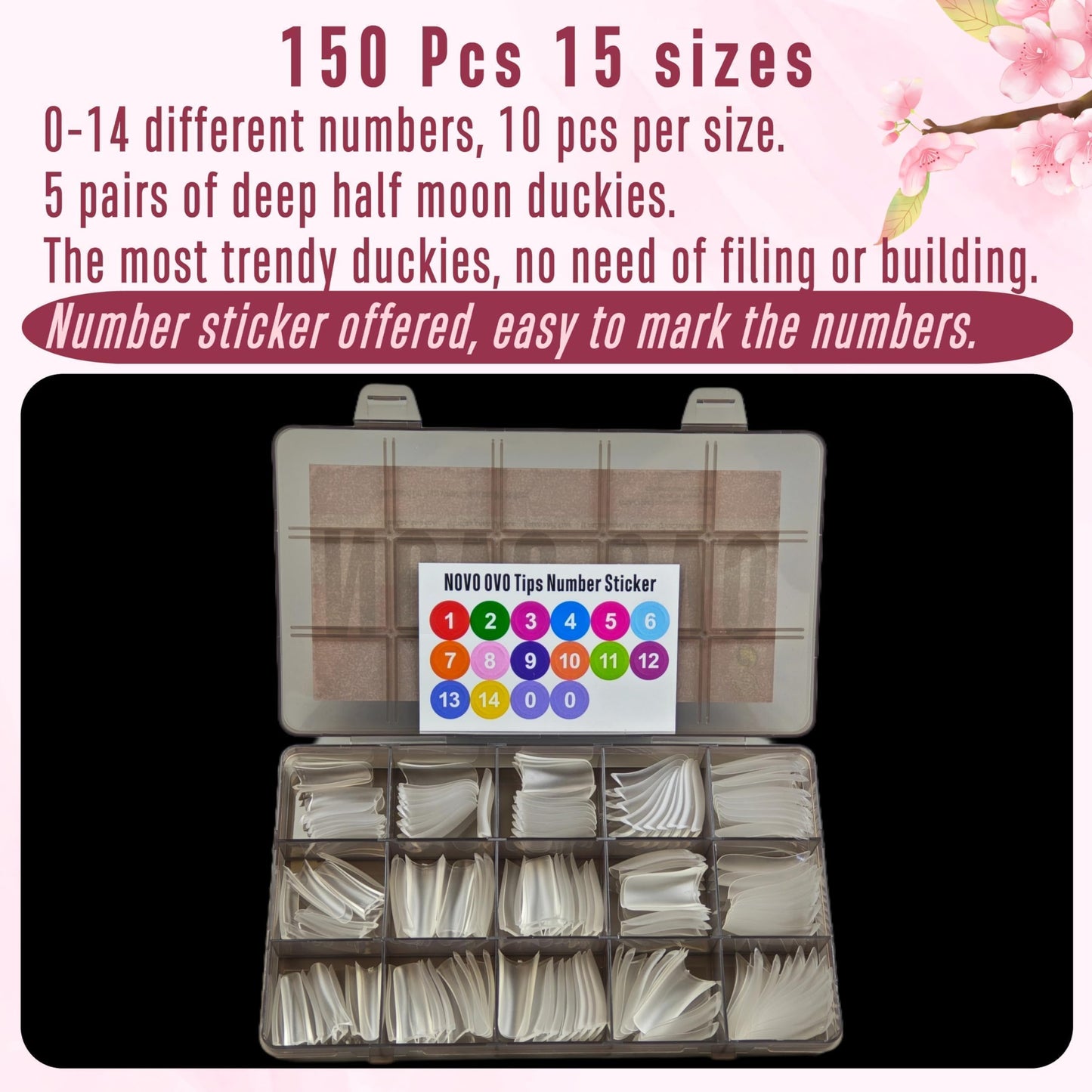NOVO OVO Halloween Extra Thick Duck Feet Nail Tips Full Cover for Press on Acrylic with Moon Curve, Medim Long Clear Pre-Etched Matte Flare Wide French Soft Gel False Nail Extension x 15 Sizes 150 pcs