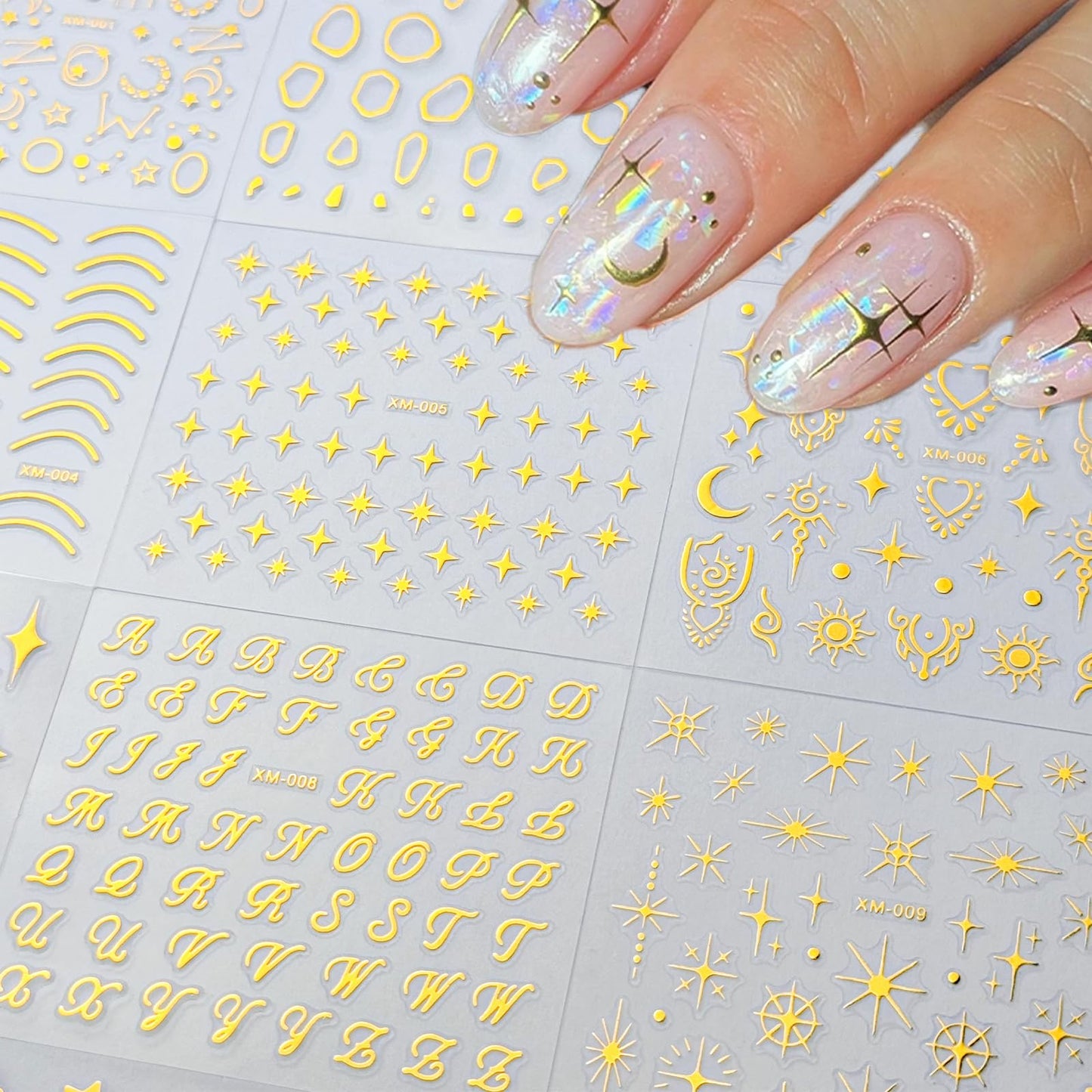 30 Sheets Gold Nail Sticker 3D Self-Adhesive Nail Decals Star Moon Heart Cute Knot Bow Design Nail Art Stickers for Women DIY Nail Art Decoration Accessories