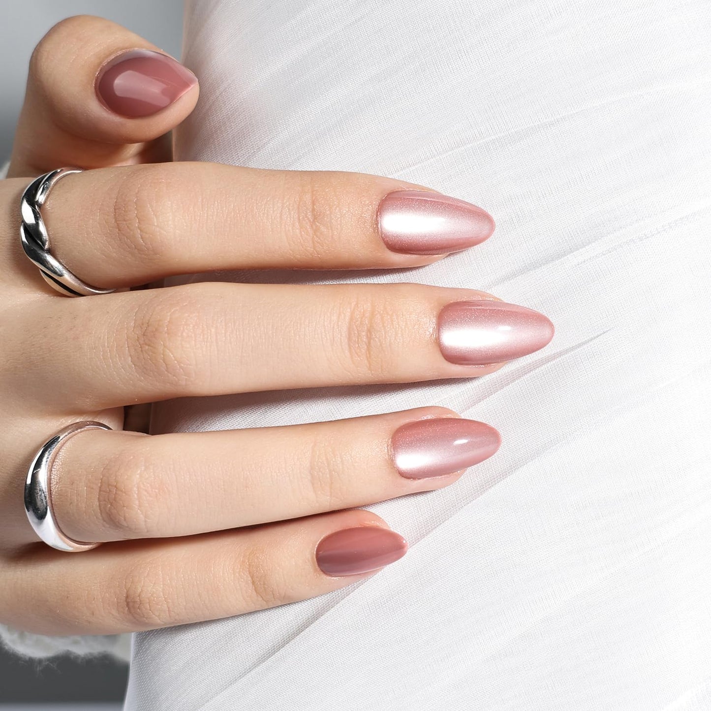 Leefrei Cat Eye Press On Nails - Glazed Pink Press On Nails Short Almond Nails Press Ons for Women Fake Nails with Glue, Glossy Reusable Glue on Nail in 16 Sizes - 32pcs, Blush Aurora