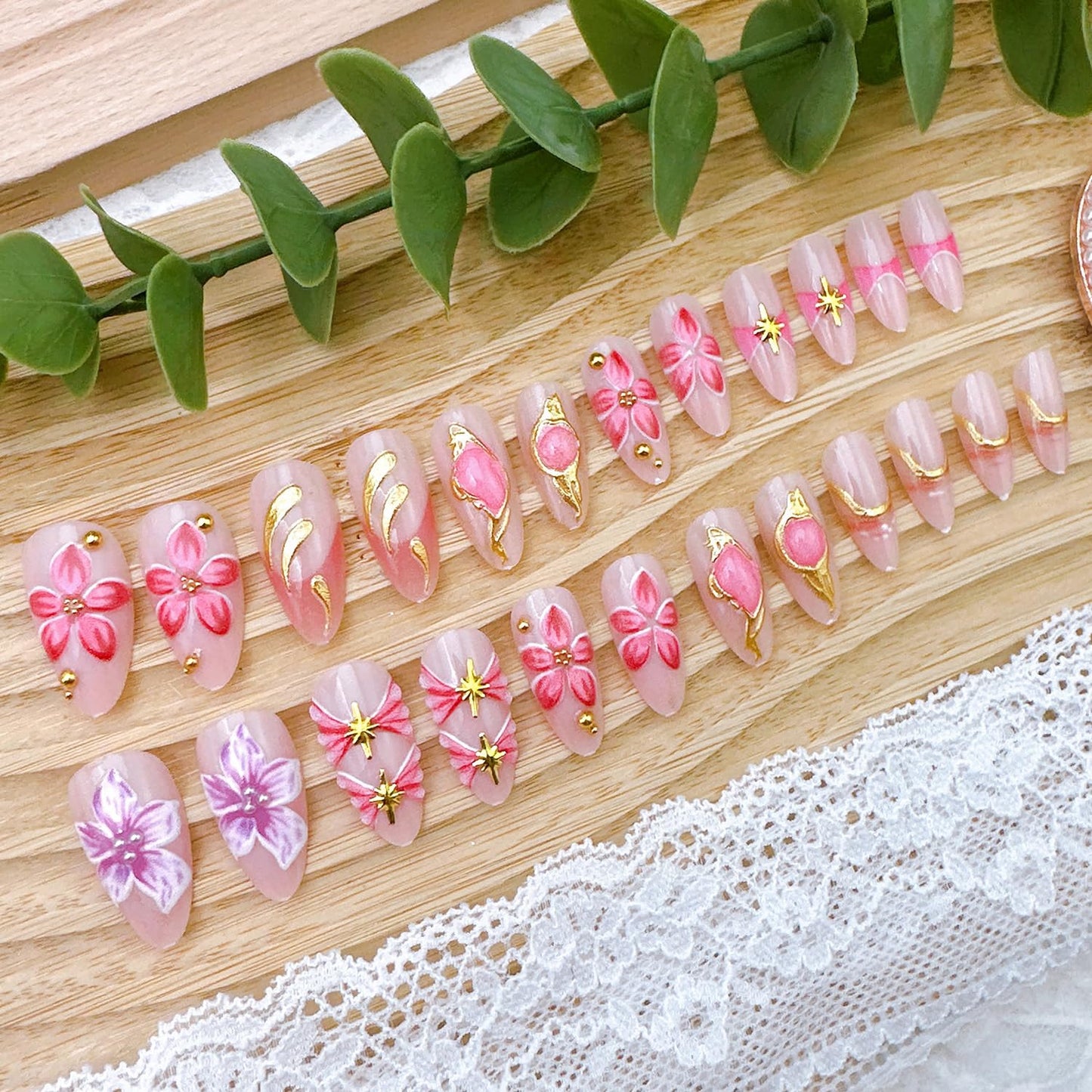 24Pcs Flower Press on Nails Medium Almond Fake Nails with Gold Beads Star Designs Full Cover Pink Acrylic Nails 3D Floral False Nail Set Pink Purple Floral Stick on Nails for Women Nail Supplies