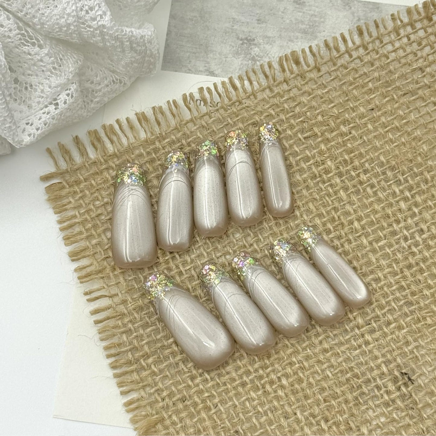 Cat Eye French Tip Press On Nails，Long Stiletto Fake Nails，Glossy and Bling Glitter.With Glue Tabs - 10Pcs Nail Kit for Women Girls Elegant & Durable Artificial Nails for Instant Manicure.