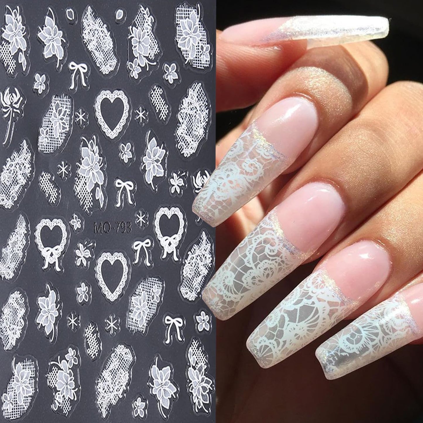 CJDLTS 3 Sheets White Lace Flower Nail Art Stickers 3D Self -Adhesive Lace Love Heart Bow Nail Decals Holographic Laces Rose Flower Nails Stickers for Women Acrylic Nails Decoration Supplies