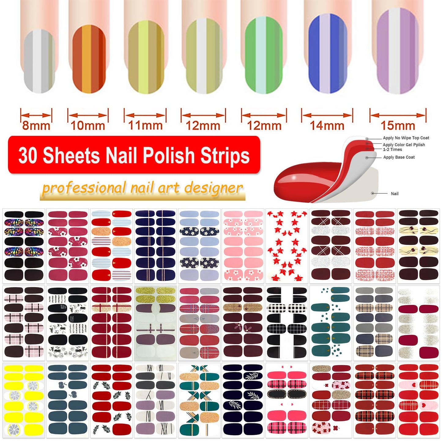 420 Pieces 30 Sheets Nail Polish Strips with Nail File Nail Stickers Full Nail Wraps Self Adhesive Nail Art Stickers Nail Strips for Women Girl Nail Art Accessories