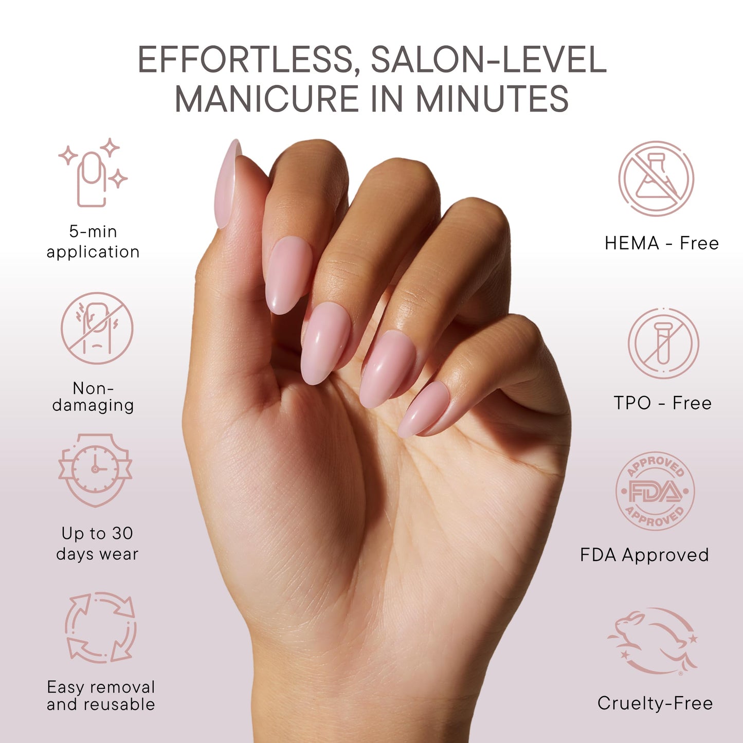 Celebritips Press On Nails - Salon U-ltimate™ | Clean Pink, Short Almond Nails, Reusable | 16 sizes - 32 Nails Kit with Glue and Sticky Tabs