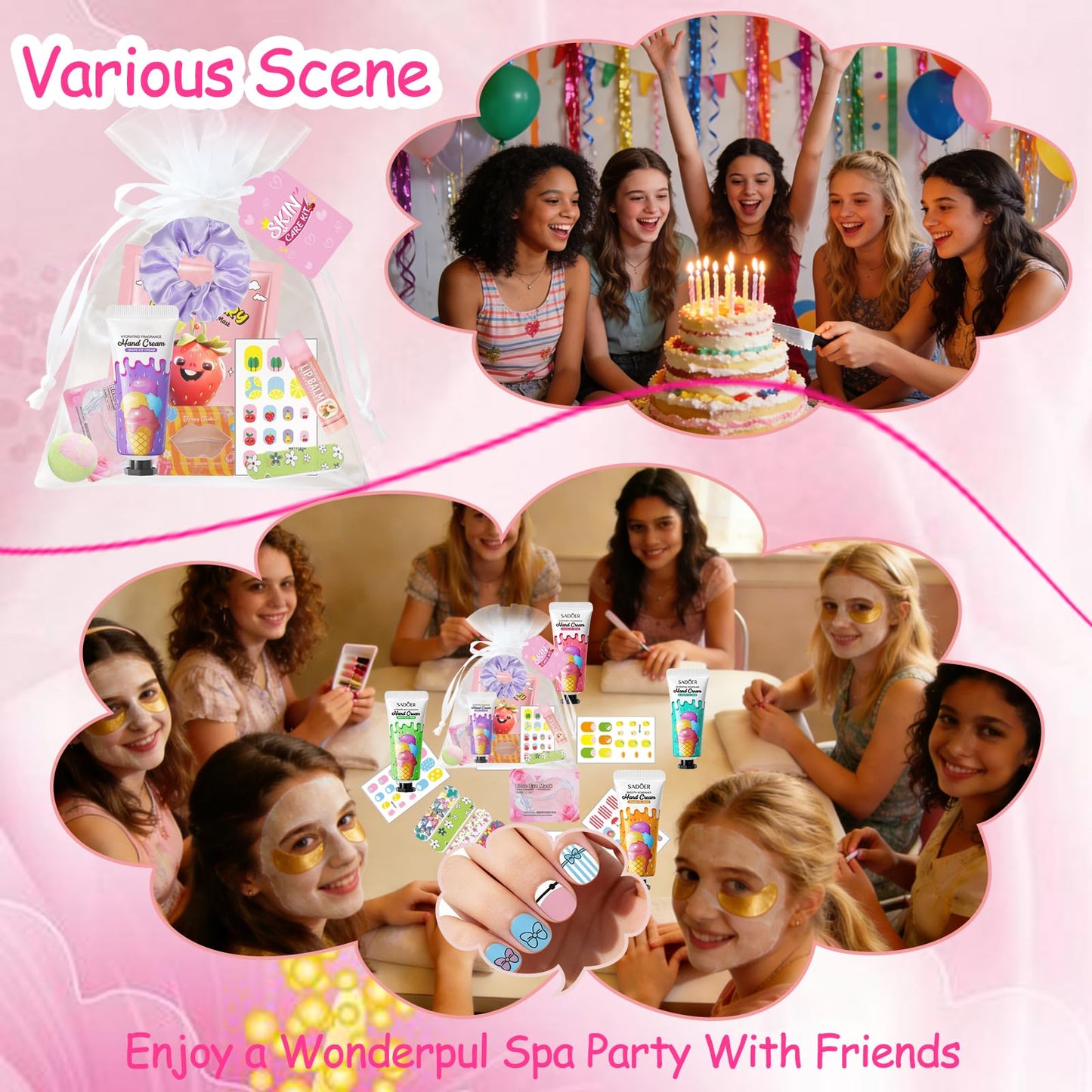 96 PCS Spa Party Supplies for Women,Spa Favors Include Face Masks, Hand Cream, Lip Balm, Under Eye Patches, Lip Mask,Foot Bomb,Nail Stickers,Sleepover Party Supplies Birthday Kit for Girls Gift Set