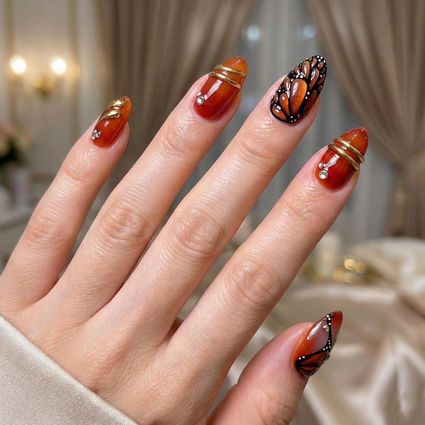 Almond Press on Nails Long Fake Nails Red Acrylic Nail Press ons SEENEEY Black Butterfly Designs Gold Charm Rhinestones Stick on Nail for Women 24pcs