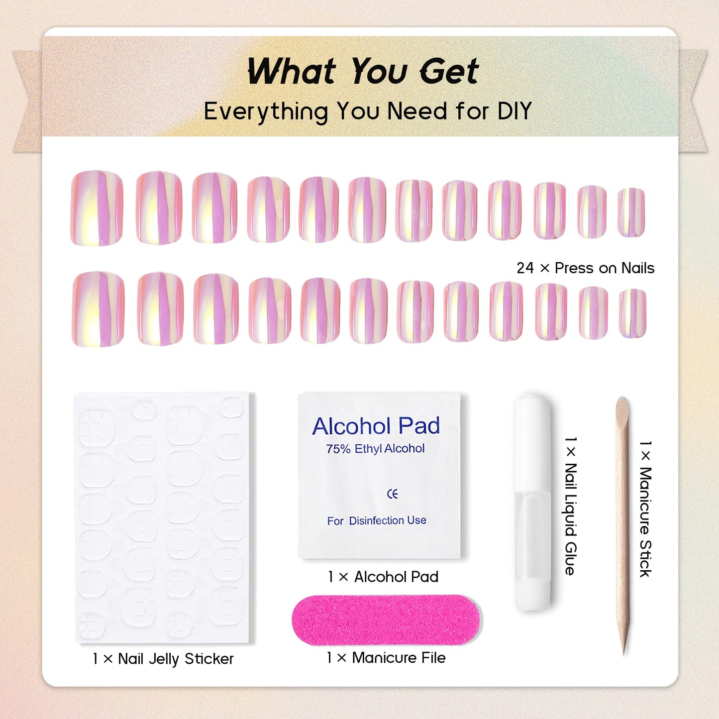 Qsnidy Press on Nails Square - Glazed Pastel Pink Chrome Fake Nails Medium Acrylic Full Cover Glue on Nails in 12 Sizes - 24 Piece Nail Kit，Natural Fit for Women & Girls Daily Wear