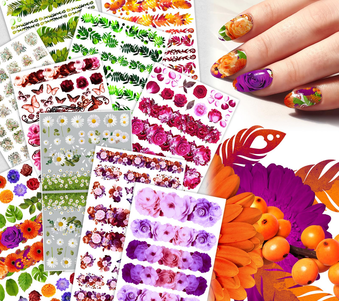 Nail Decals [10 Sheets] Floral Garden Nail Stickers Set Roses Daisies Leaves Vines Butterflies Colorful Botanical Variety Rich Layered Blooms Creating Fresh Vibrant Manicure Styles Elegant Natural