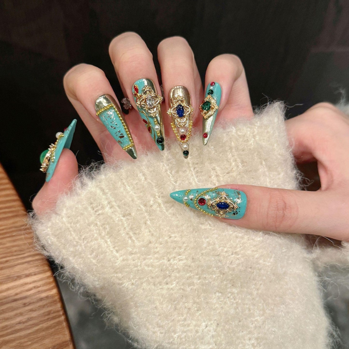 TENPAL Handmade Palatial Press On Nails Long Stiletto,Heirloom Chrysoberyl & Ruby Inlaid Artisan Cameo Designs,Reusable Wedding Fake Nails for Bride 10Pcs with Tools Kit(XS)
