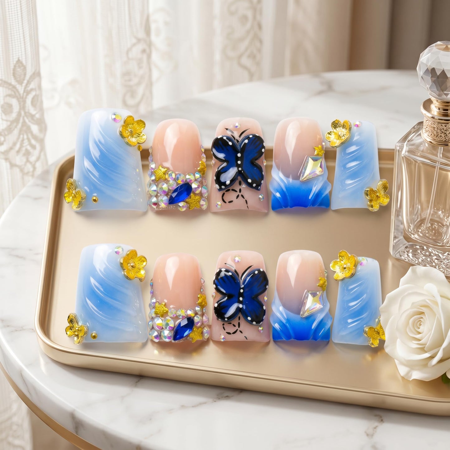 Luxury Handmade Press on Nails Medium Duck Bill Fake Nails Summer with Rhinestones Flowers Design False Nails Press Ons Reusable Full Cover Stick on Nail for Women Manicure 10Pcs (Size M)