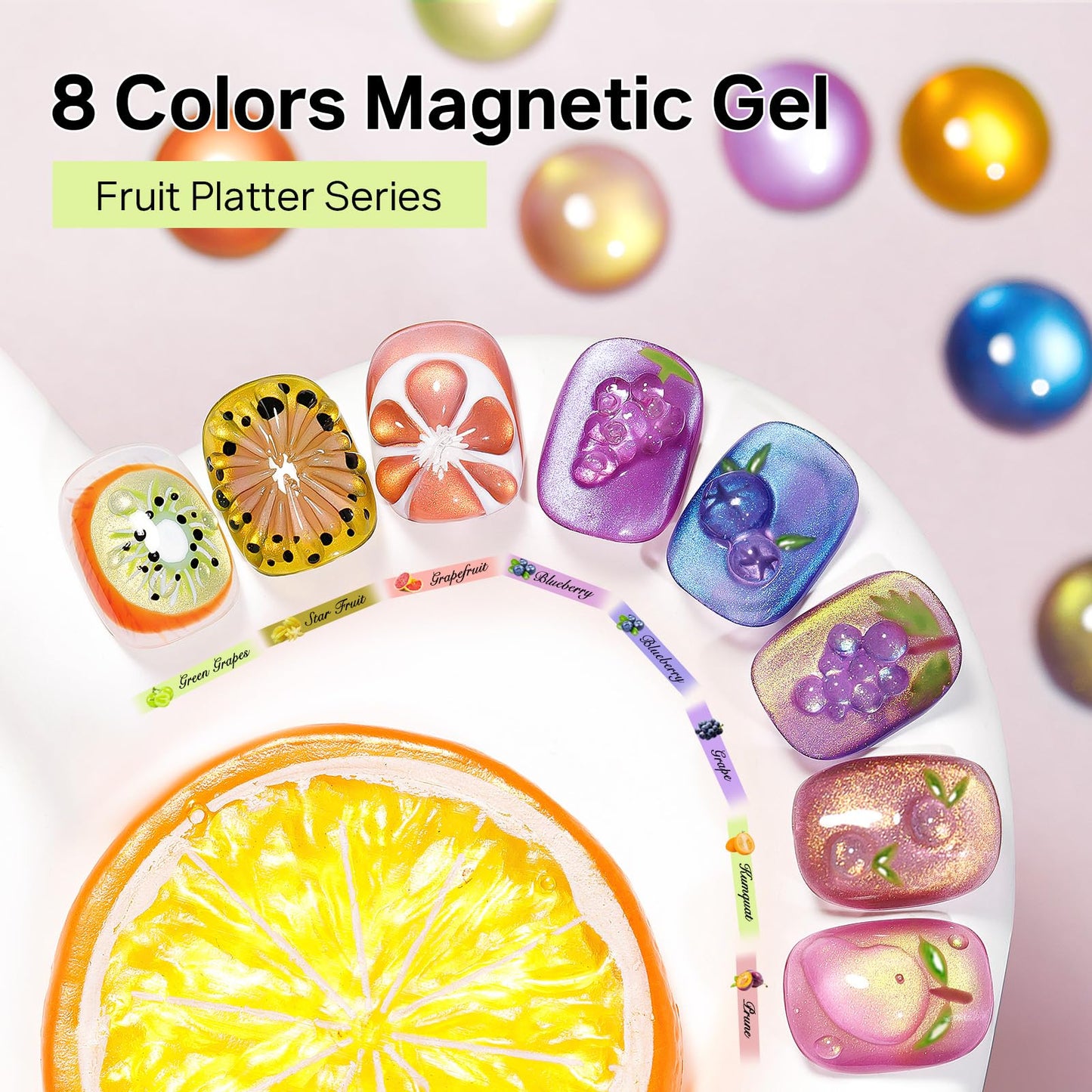 MIZHSE Cat Eye Gel Nail Polish, Fruit Colors Magnetic Gel Polish Set with Magnet, Neon Cateye Effect Green Purple Yellow Soak Off Nail Art Manicure Home Gift for Ladies