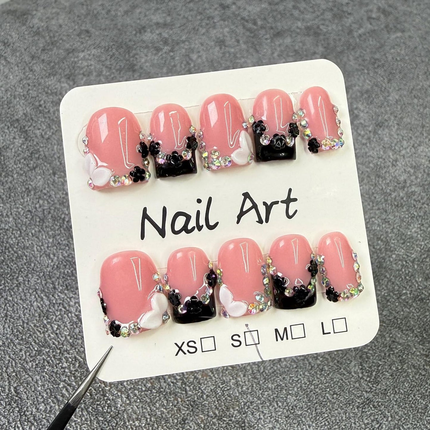 Black French Tip Press on Nails Short Square False Nail Handmade Flower Acrylic Nails 3D Rhinestone Designs Thick and Muti-Layer Gel Fake Nails Art Full Cover Luxury False Nail for Women（S)