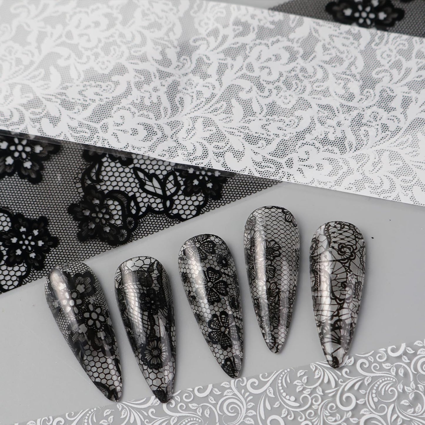 10 Sheets Lace Flower Nail Art Foil Transfer Stickers Black White Lace Nail Foils Transfer Nail Art Flowers Nail Supplies Decals Acrylic Nail Decorations for Women DIY Manicure Art Accessories