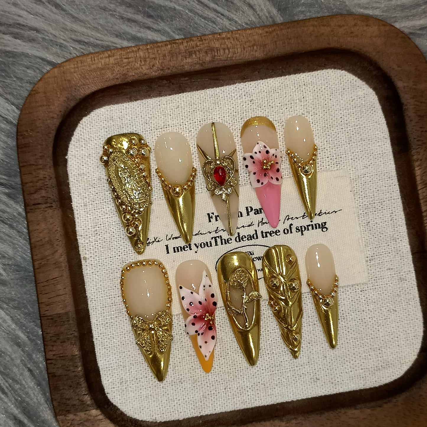 TENPAL Antique Gold French Tips Press on Nails Long Stiletto,Baroque Style Fake Nails with 3D Charms Roses,Cherubs,Bows,Soft Gel Metallic Fake Nails Kit Tools 10pcs,Full Cover Vintage Luxe Nails(S)