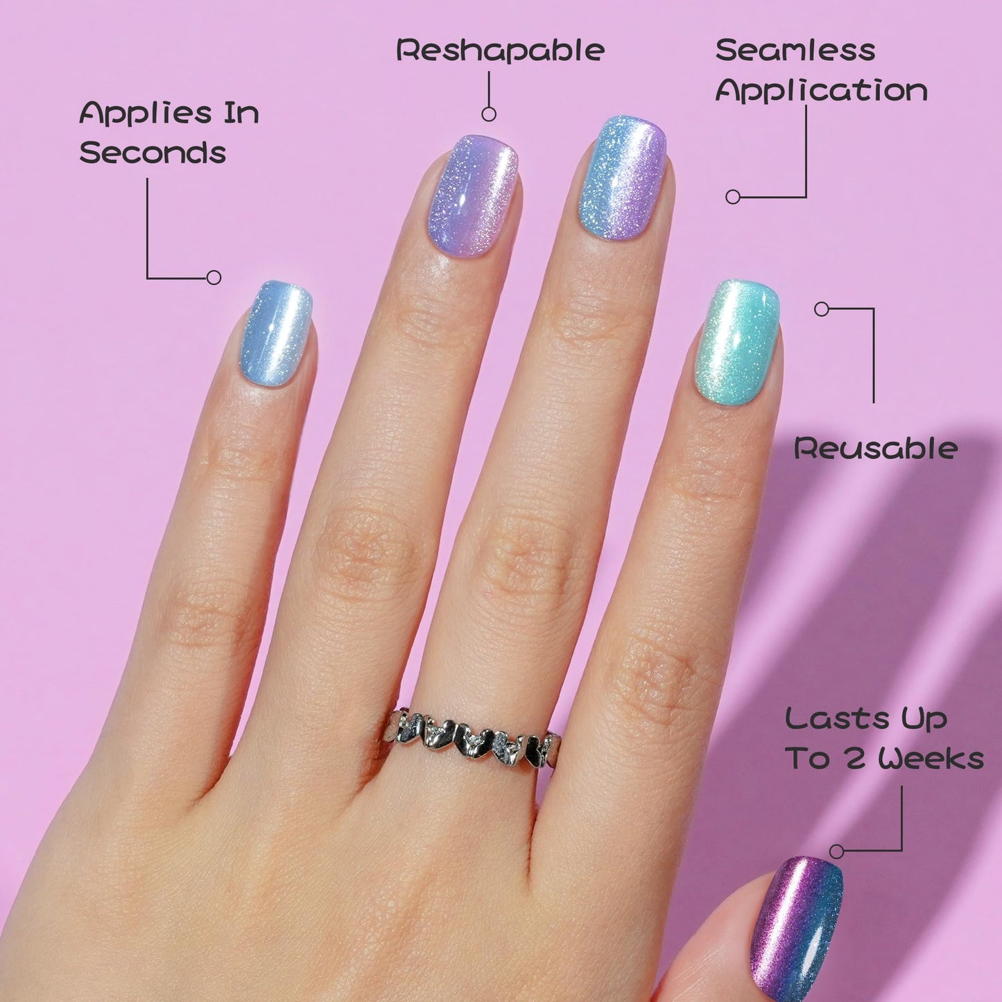 Cat Eye Press on Nails Short - 5 Styles Unique Two-color Ombre Cat Eye Press on Nails, Bt Art Box Press On Nails, Soft Gel x Coat Nails False Nails in 16 Sizes - 160 PCS Soft Glue On Nails Kit