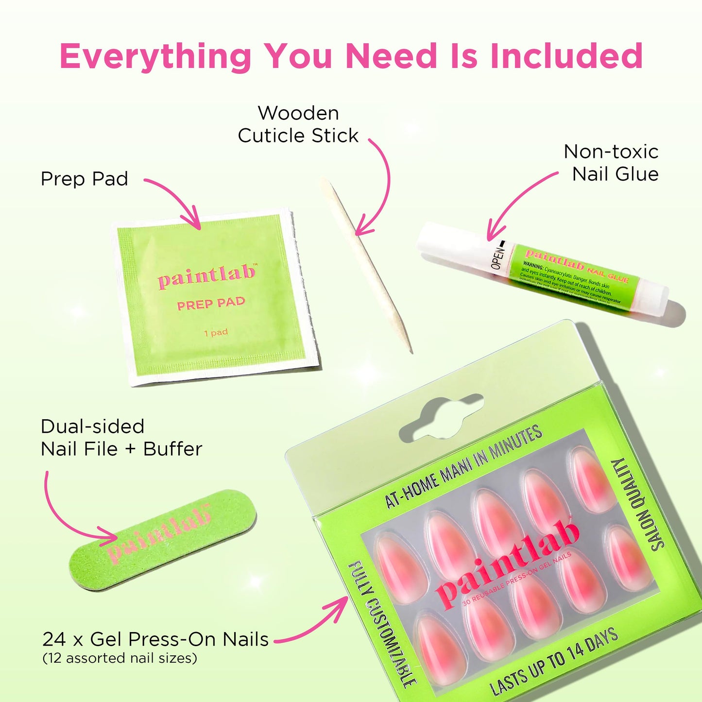 PaintLab Press On Nails - Pink 999 Aura Almond Fake Nails, 24 Nails in 12 Sizes with Glue, Reusable Salon Quality Press On Nails