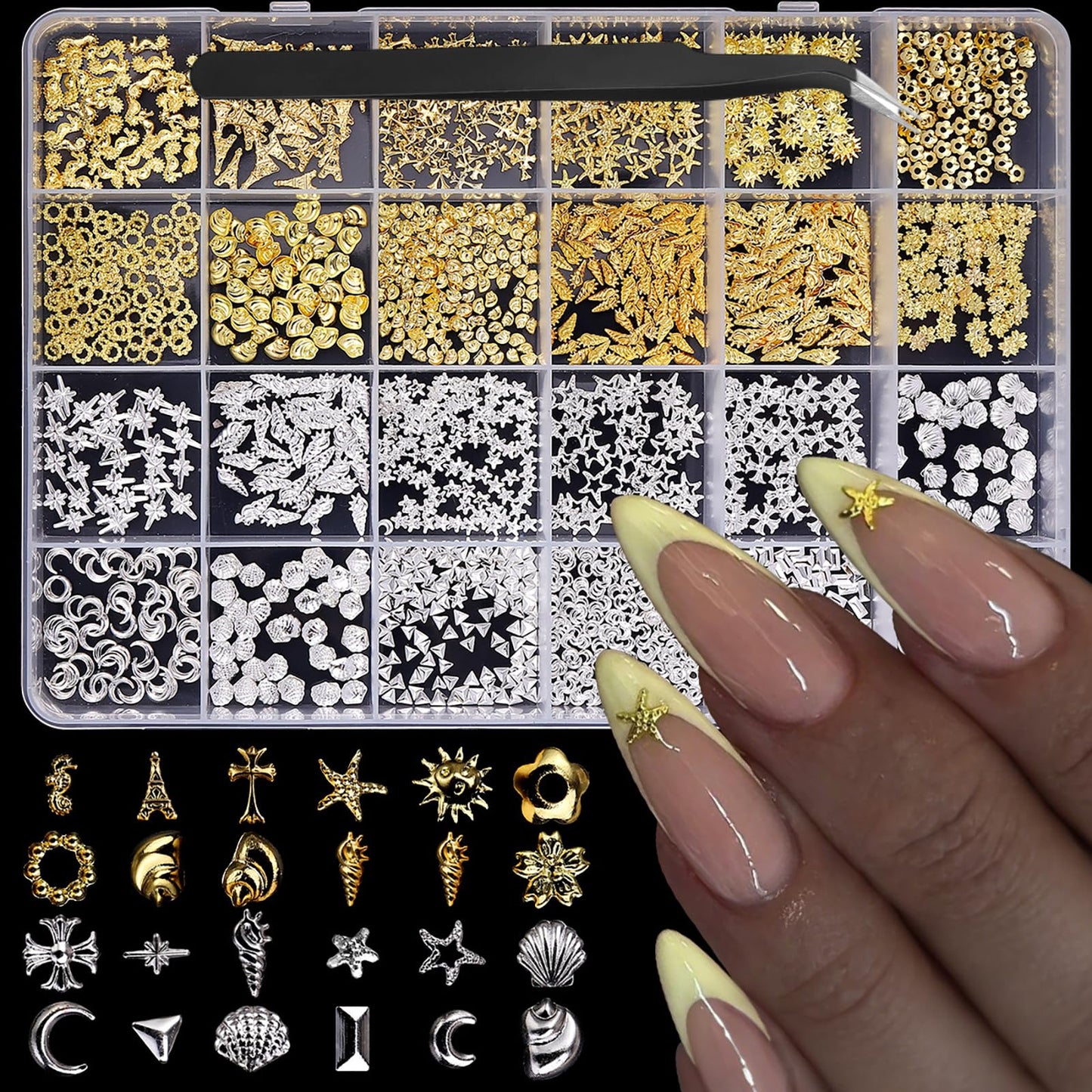 Gold Silver Nail Charms 3D Alloy Flower Nail Gems Ocean Beach Starfish Seashell Nail Jewels Multi-Shapes Metal Sun Moon Star Nail Art Supplies with Tweezer for Women DIY Acrylic Nail 24 Grids 1 Box