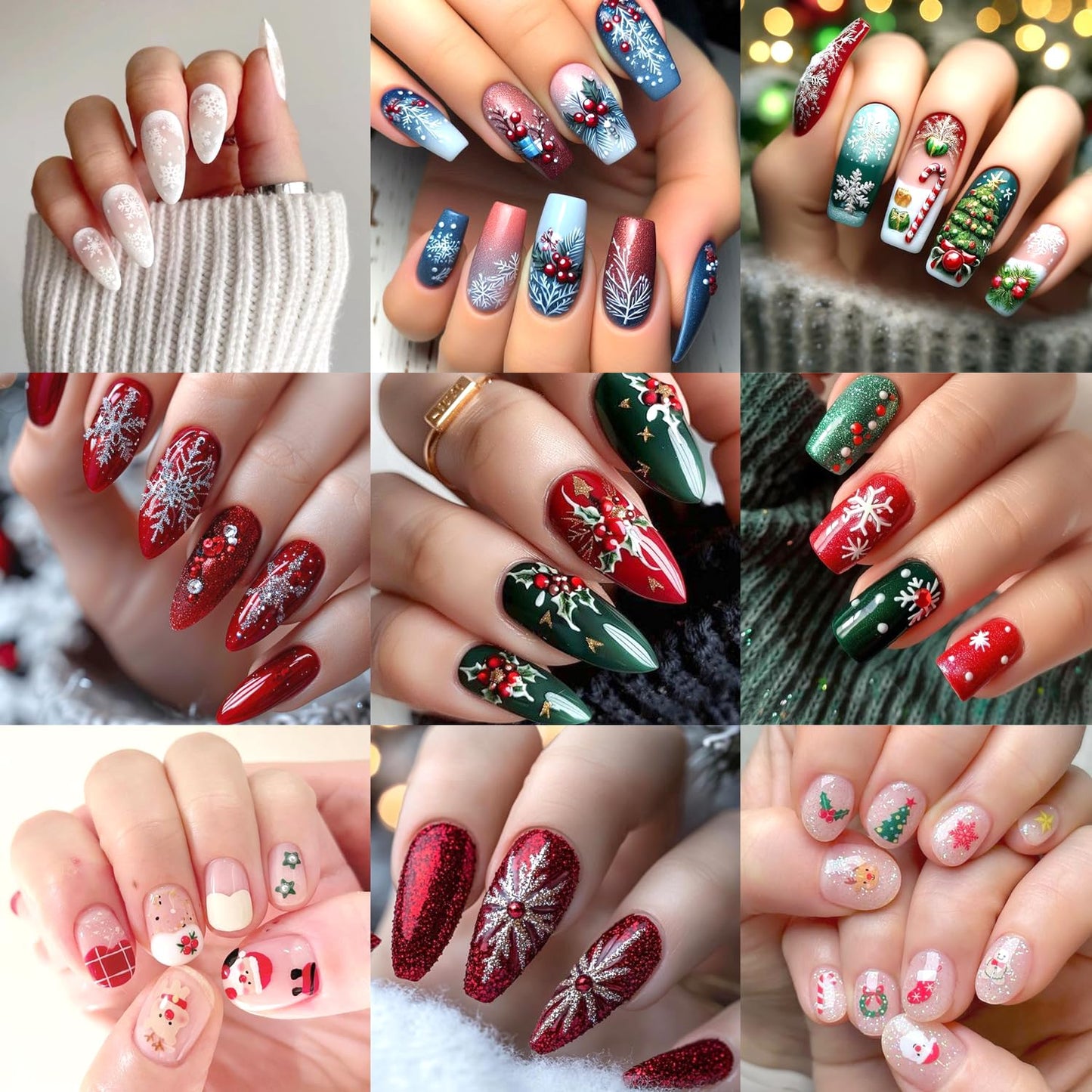 Christmas Nail Art Stickers Decals 5D Embossed Cute Santa Claus Snowman Nail Stickers Self-Adhesive Winter Snowflake Nail Decal with Red Rhinestones Charms Designs Nail Sticker for Women Nails Decor
