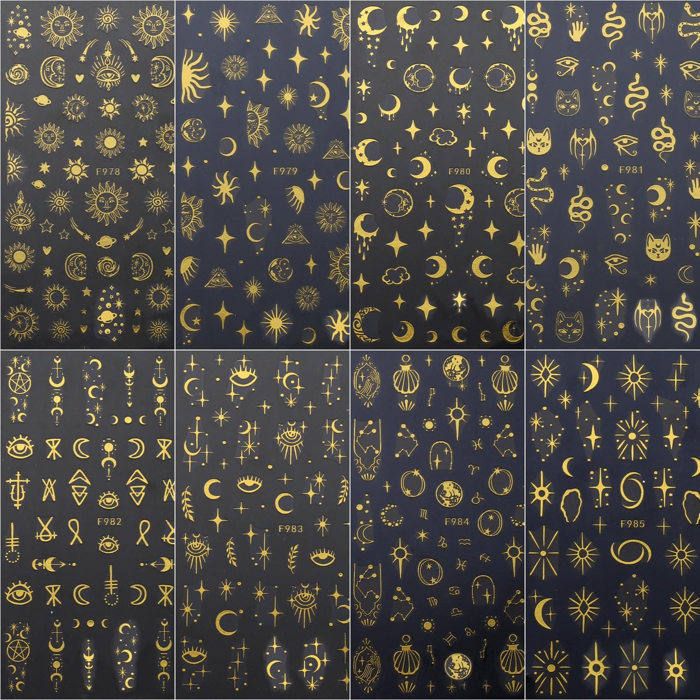 8 Sheets Gold Plastic Nail Art Stickers Decals, Star Moon Sun Designs, 3D Self-Adhesive Eyes Snake Nail Stickers for Women Girls DIY Manicure Decorations