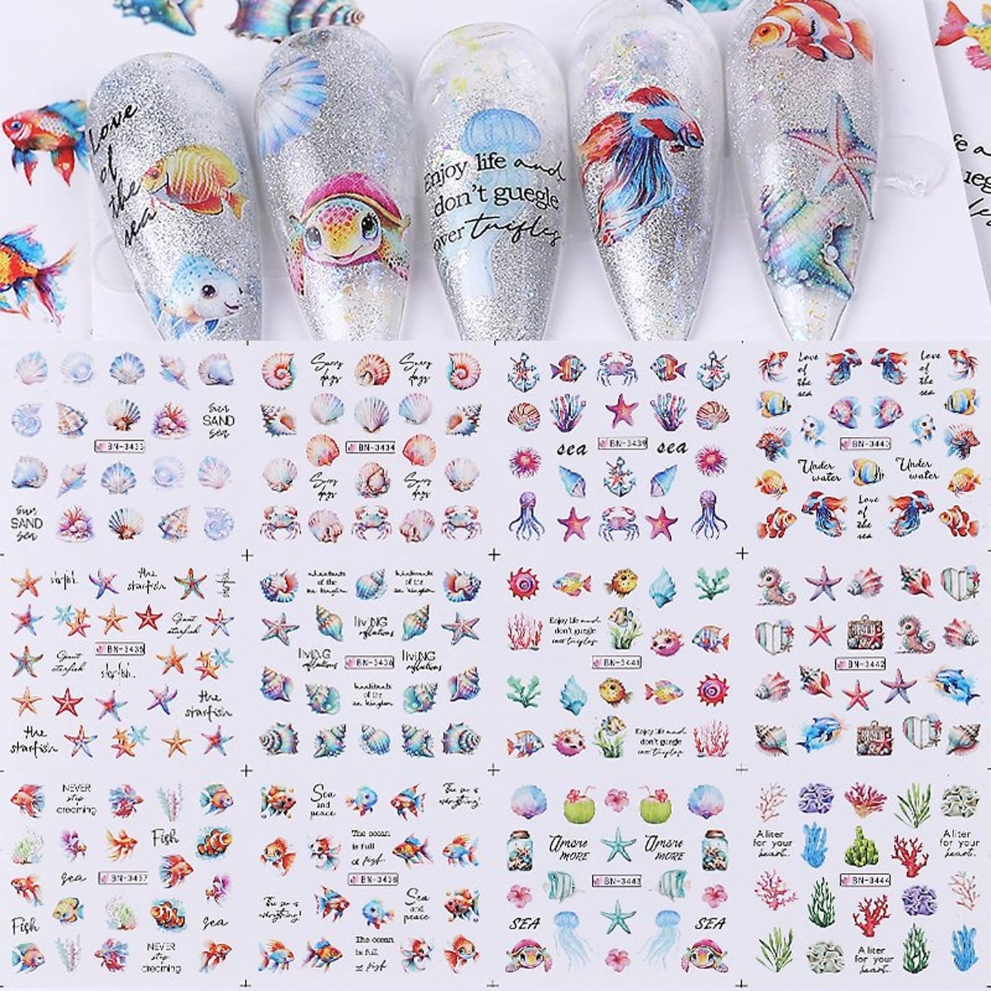 1400Pcs Nail Stickers Water Transfer DIY Nail Decals, Fruit Butterfly Flowers Marine Animal Transfer Watermark Nail Art Stickers for Nails Toenails Nail Tips Decor Halloween Christmas