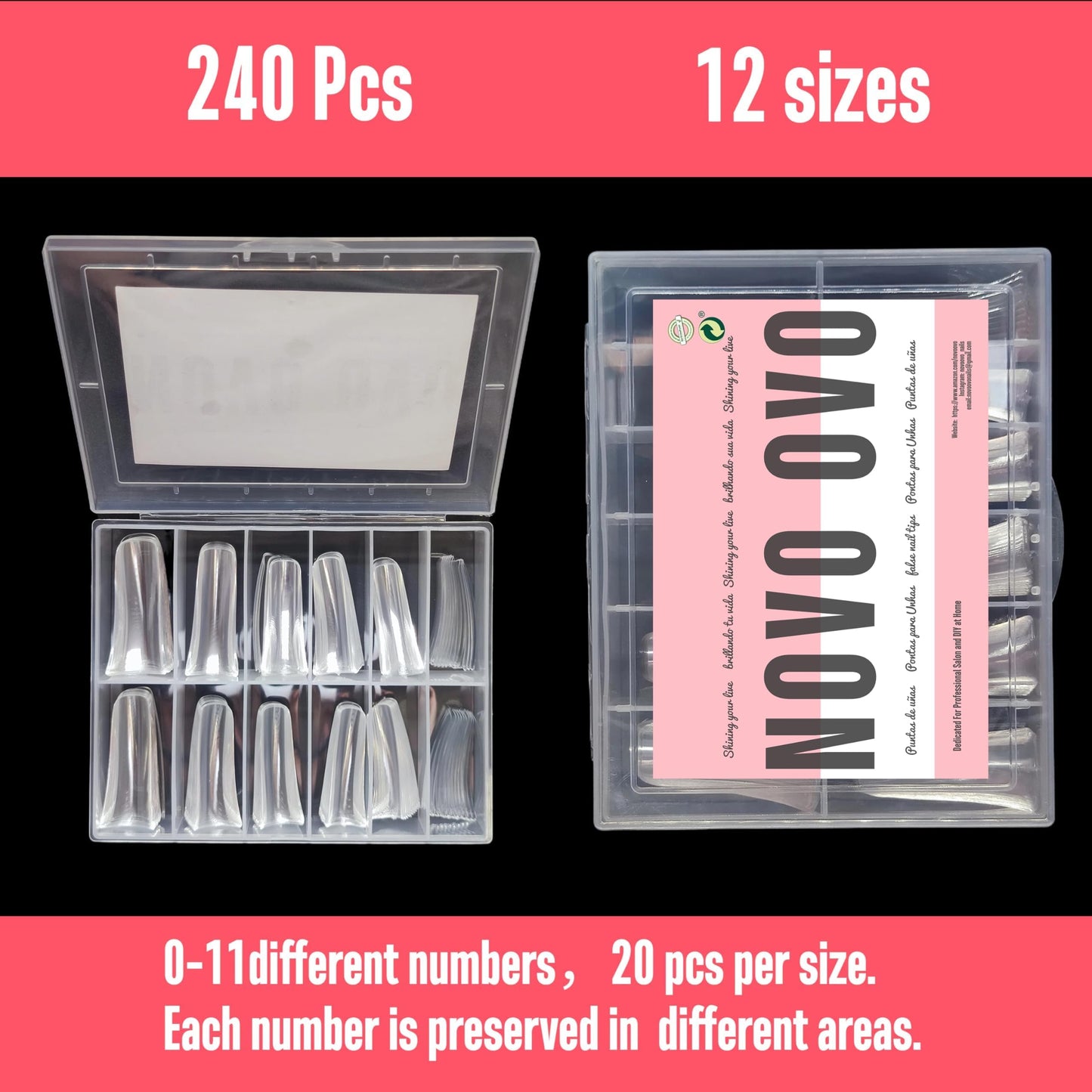 NOVO OVO 240 pcs Extra Long Duck Nail Tips Full Cover for Acrylic, Clear XL XXL Flare Feet Nails Press On, Y2K Vibe Wide French Soft Gel False Nail Extension for Art Salon x 12 Sizes in Box