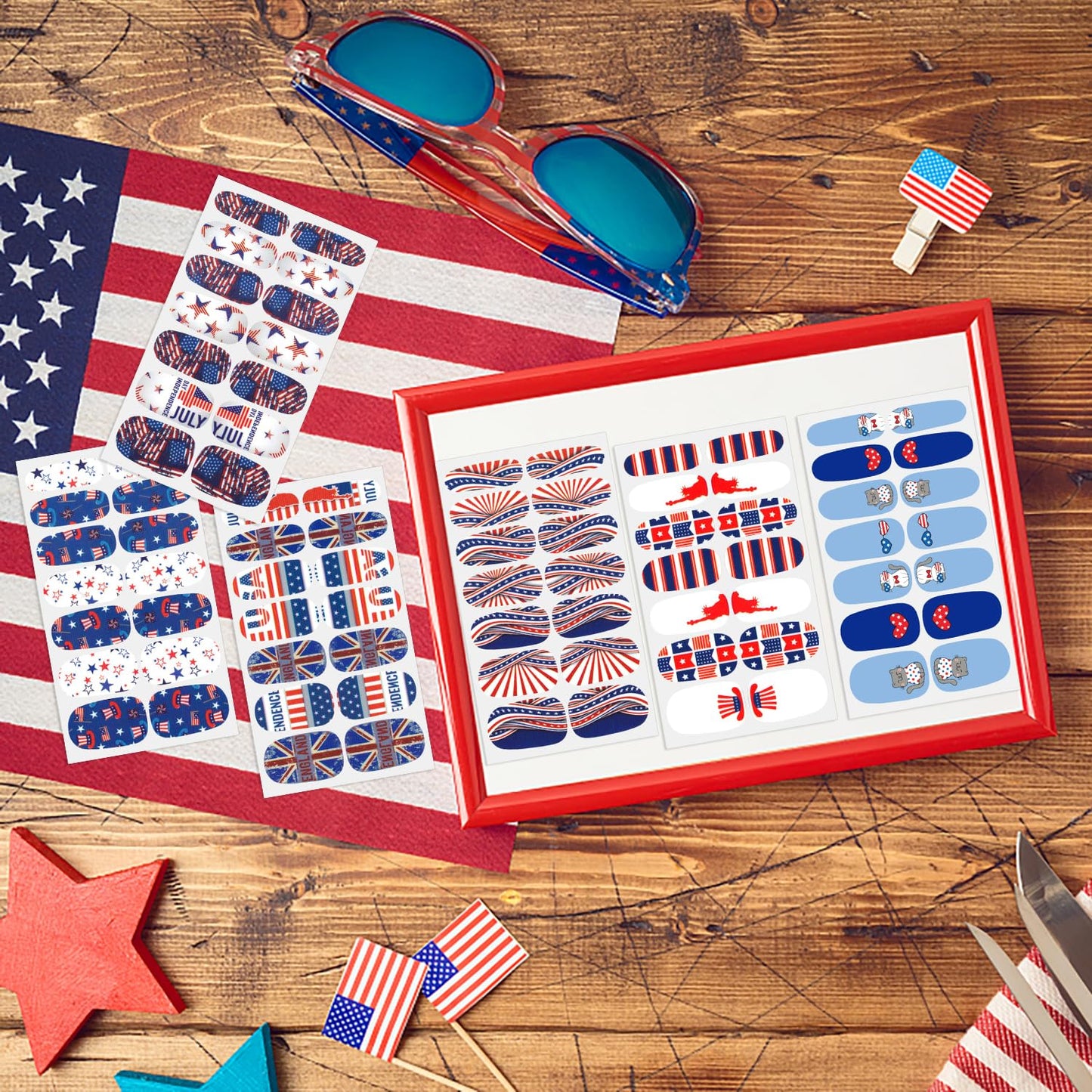 DANNEASY 24 Sheets 4th of July Nail Polish Stickers Full Nail Wraps Independence Day Self Adhesive Nail Polish Strips Fingernail Stick on Nails for Women with Nail File, Cuticle Stick