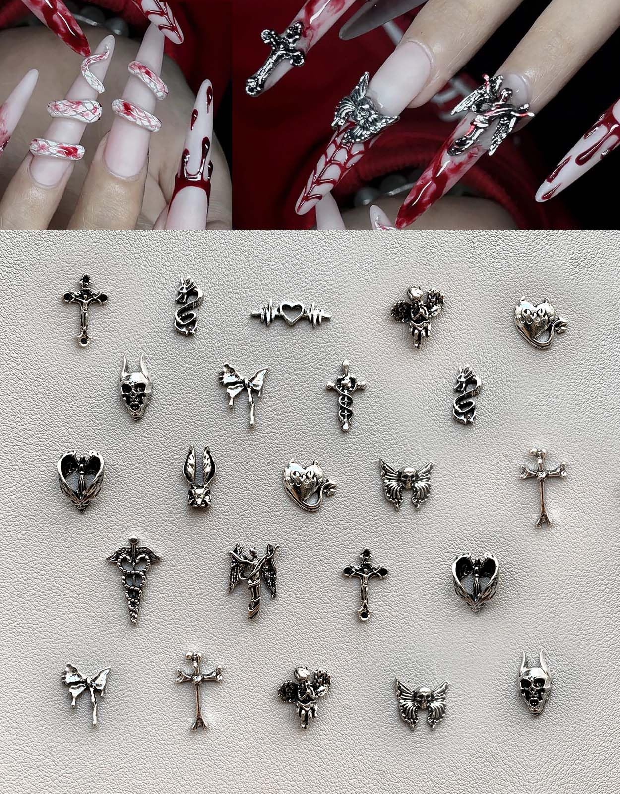 130pcs 3D Silver Goth Nail Charms Y2K Chrome Nails Art & DIY Punk Bracelet Accessories, Vintage Alloy Cross Butterfly Heart Skull Acrylic Charm for Women Nails, Metal Necklace Supplies