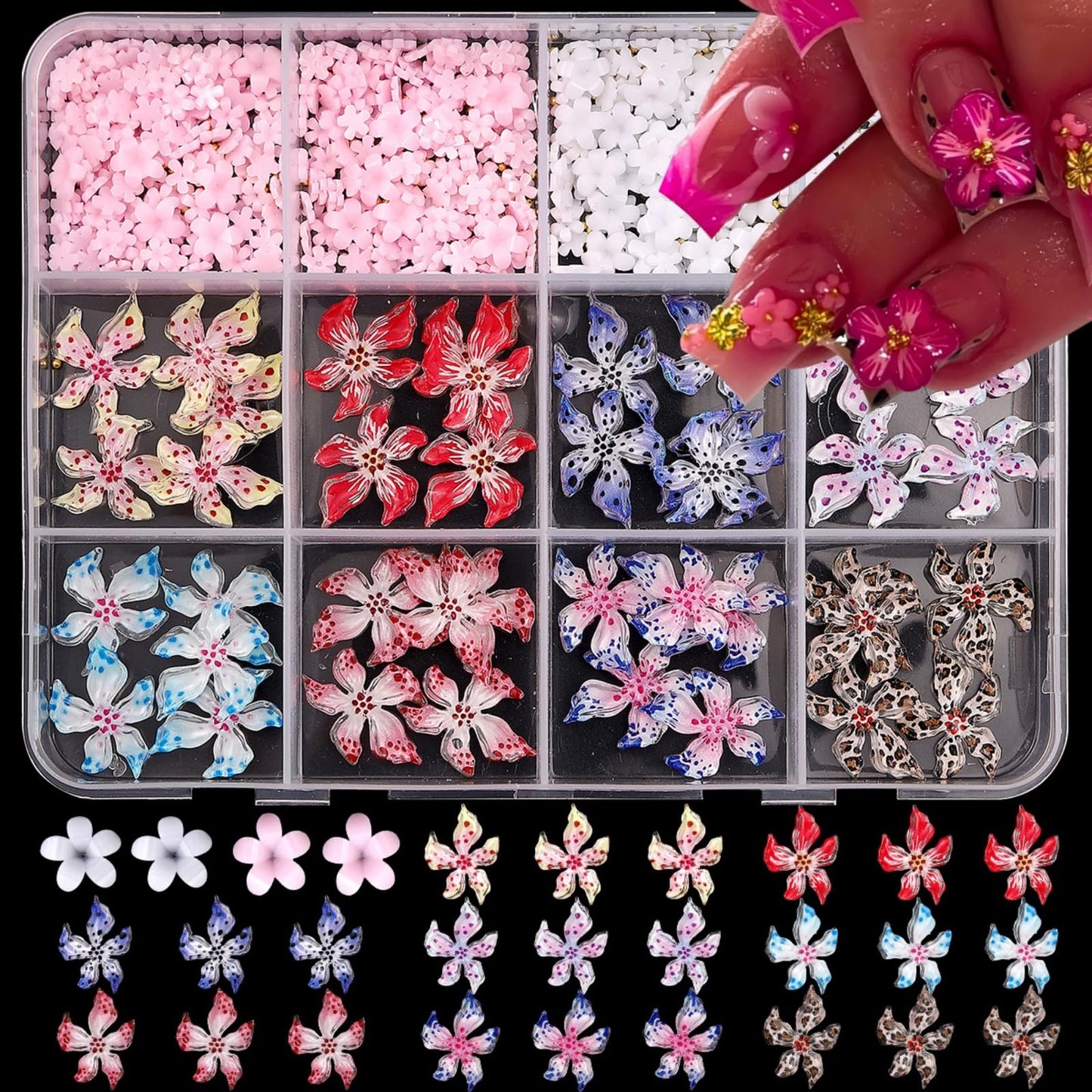 2 Styles Flower Nail Charms 3D Resin Floral Nail Gems Cute Colorful Red Blue Pink Petal Nail Jewels Spring Summer Hibiscus Hawaii Flowers Nail Art Supplies for Women DIY Acrylic Nail 12 Grids 1 Box