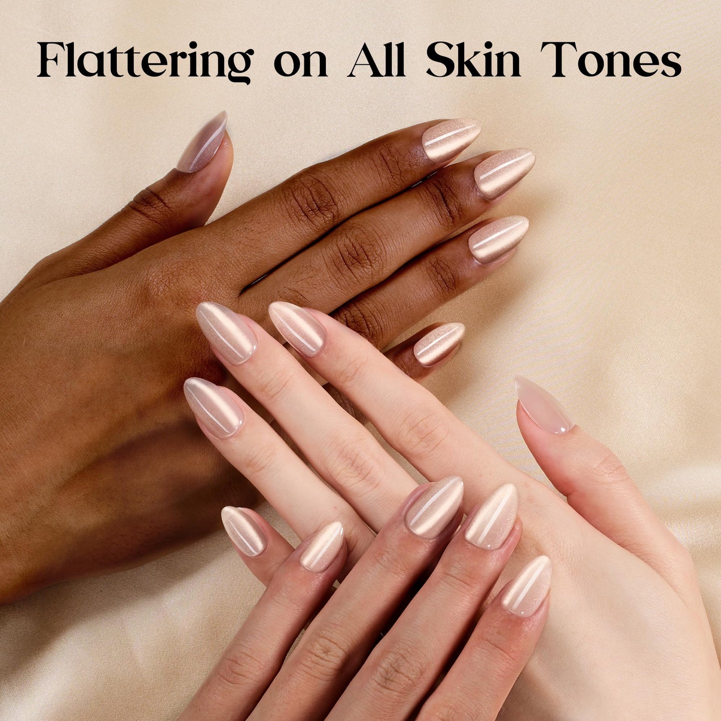 Beetles Cat Eye Press On Nails Short Almond, 32pcs 16 Sizes, Glue and Tabs, HEMA and TPO Free, Mist Glow & Jelly Gel Nail Polish Set 6 Colors, Milky Pink Nude, Sheer Transparent, Soak Off UV, DIY Mani