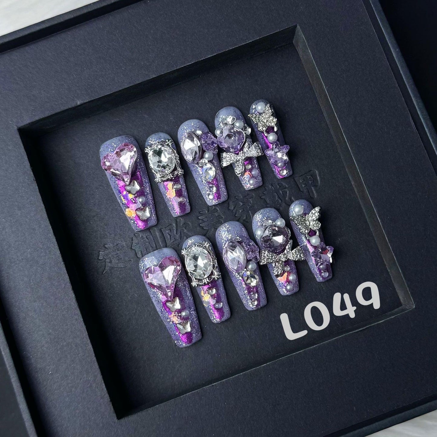 100% 5D Handmade Press on Nails Diamond Long Coffin Nails Press ons Purple Glitter False Nails Rhinestone Silver Butterfly Charms Press on Nails for Women Girls Daily Wear DIY Manicure Size M