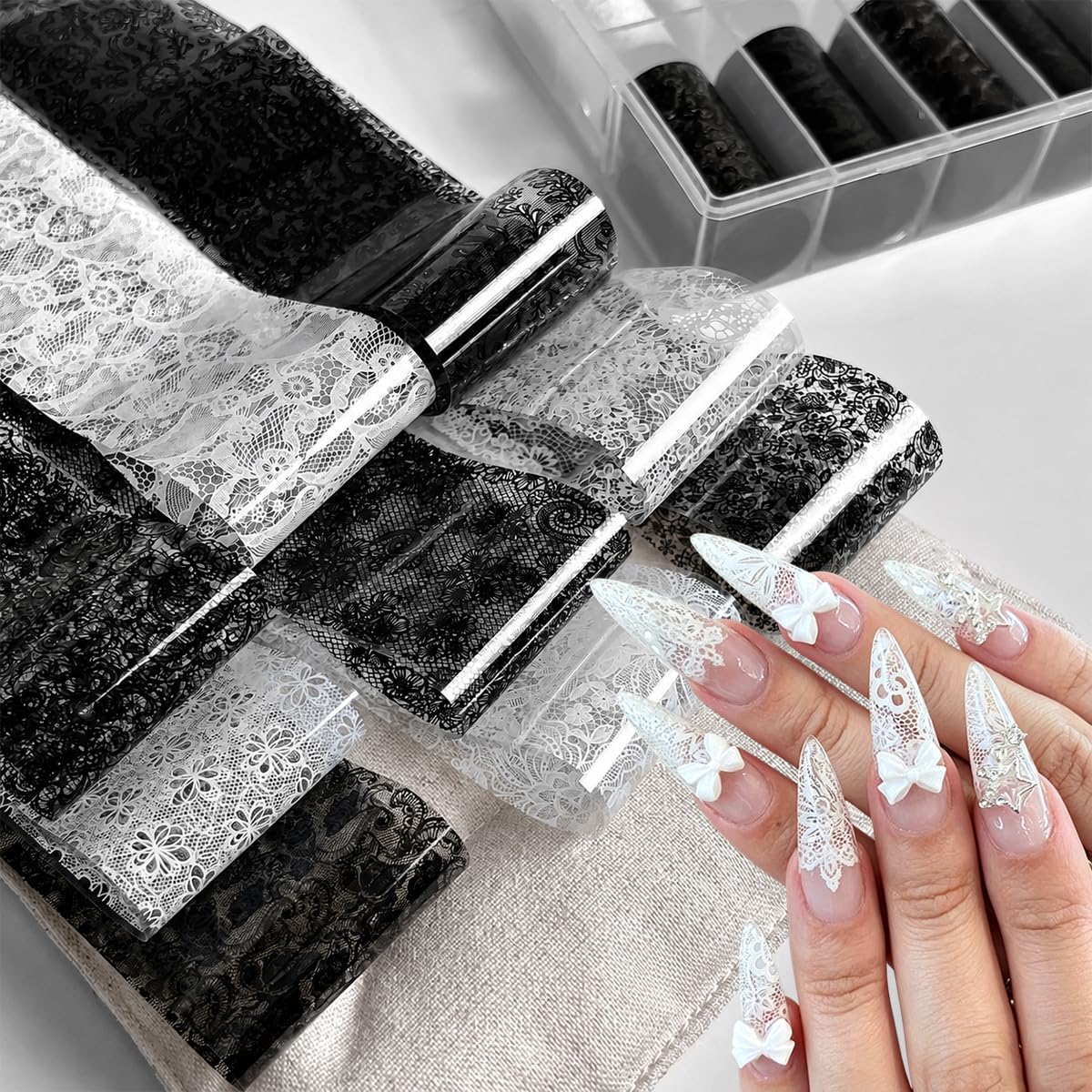 Black White Lace Nail Foil 10 Rolls Flower Nail Transfer Foil for Long Short Acrylic Nails Holographic Nail Art Stickers DIY Manicure Decoration Design Stickers Decals for Women