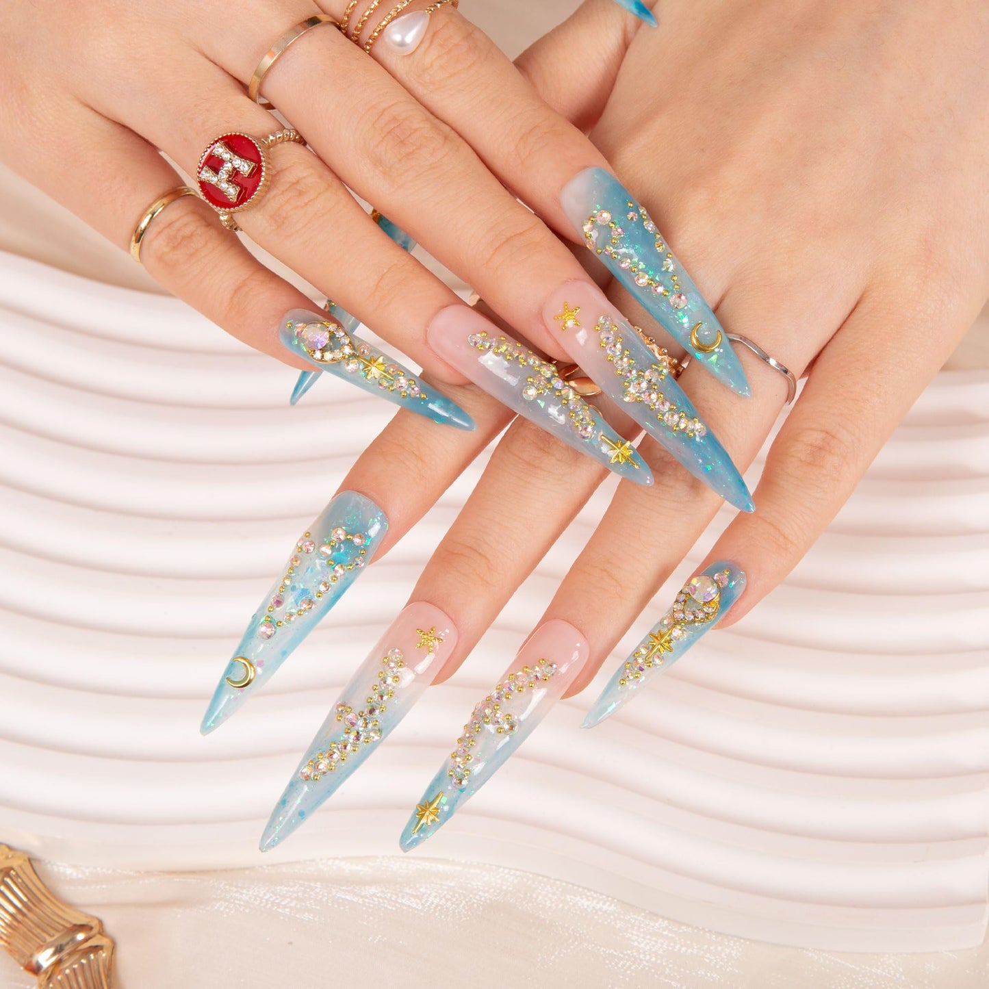 LOVFUL Press on Nails Pisces Blue French Tip | Handmade with Full Covered Crystals | Reusable Full Cover Nails | Stiletto Long 2.2 in | H157-M