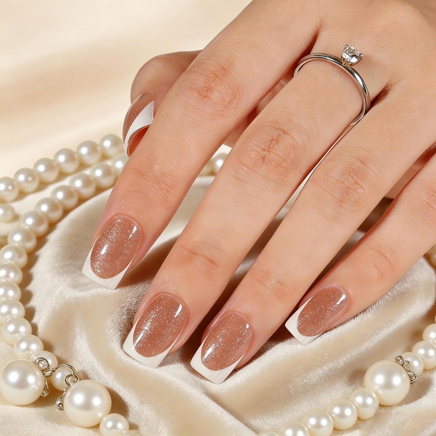 Dsixnails 160Pcs Short Brown Glitter Base French Gel Nail Tips 16Sizes, Square Soft French Tip Press On Nails, Pre-Lasting Acrylic Fake Nails, Soak Off Full Cover Nails Extension for Women Girl