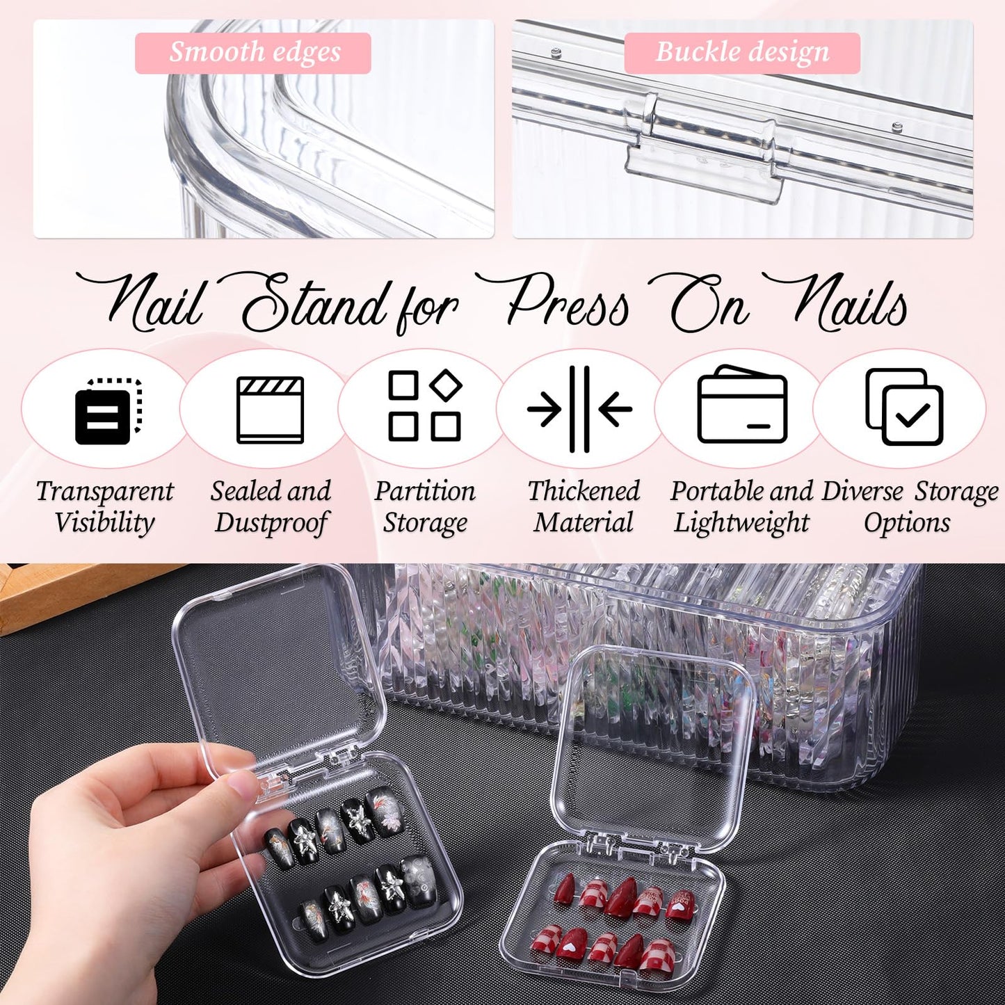 COMNICO Press On Nail Packaging Box 14 PCS Clear Press On Nail Storage Boxes and 1 Big Storage Box with 54 Pcs Adhesive Double Sided Tape, Acrylic Nails Display Case Independent Packaging Dustproof