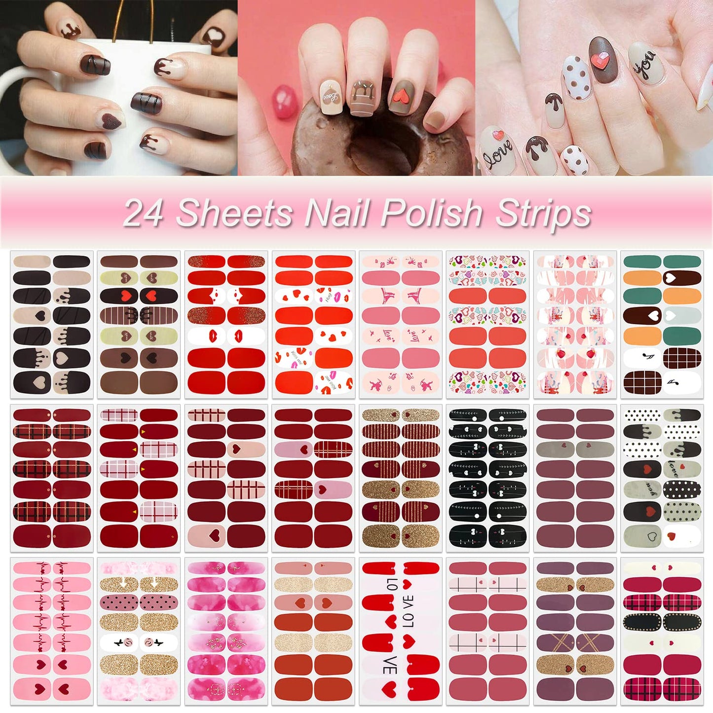 DANNEASY 24 Sheets Valentine's Day Nail Wraps for Women Stick On Nail Polish Strips Gel Nail Strips Self Adhesive Nail Polish Stickers Nail Sticker for Nail Art with Nail File, Cuticle Stick