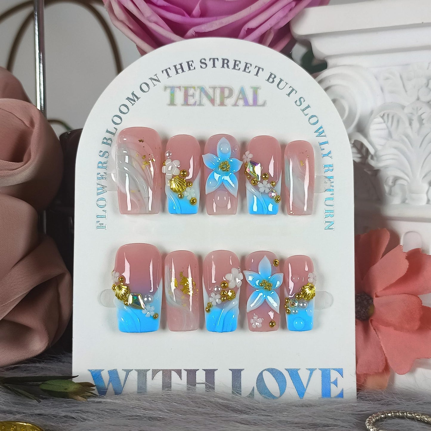TENPAL Squoval Press on Nails - Blue Pink Ombre with 3D Floral Shell Relief | Reusable Icy Glossy Fake Nails with Tools | Everyday Elegant French Ocean Sky Blue Glue on Nails for Women Girls(S）