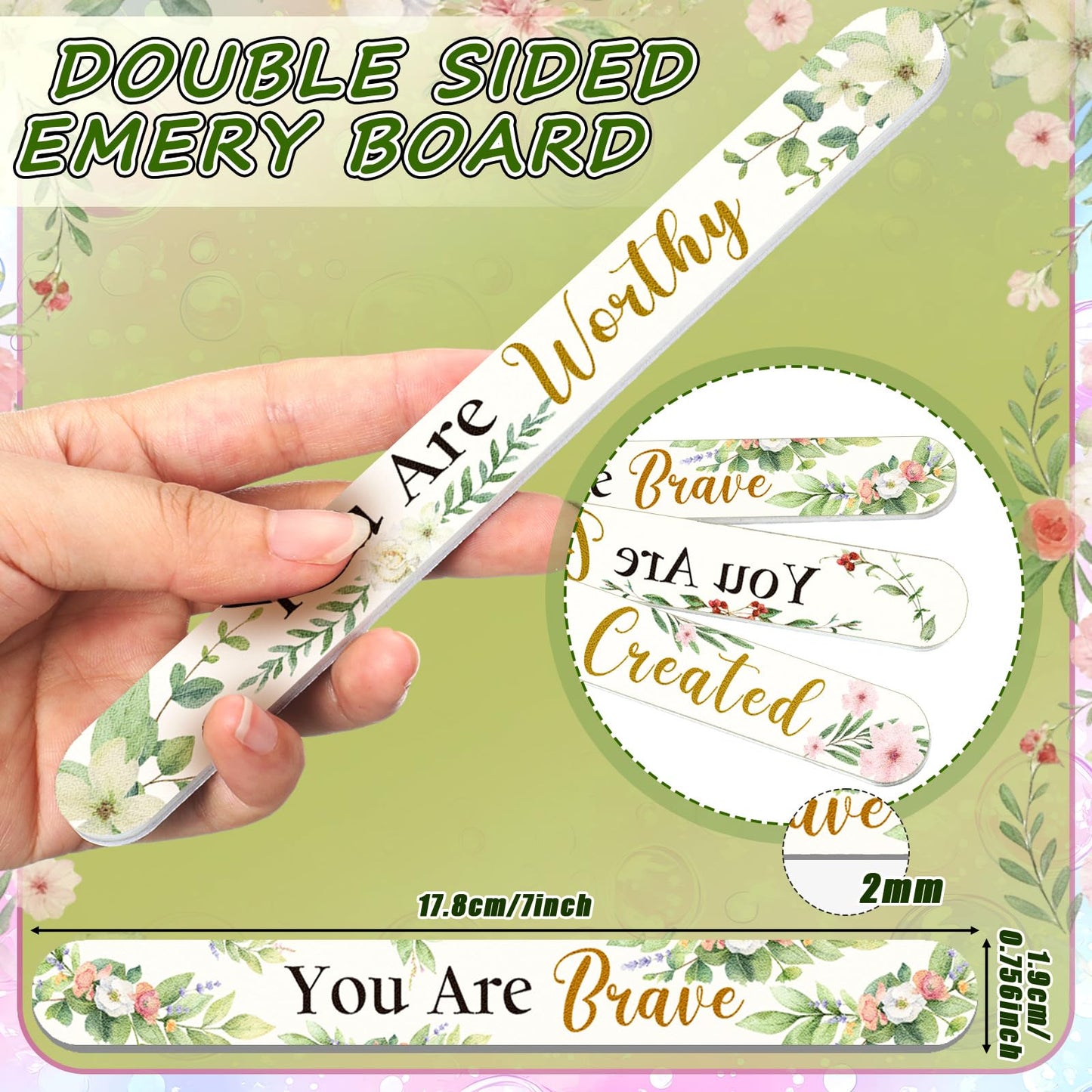 Therwen 50 Pcs Mothers Day Gifts Bulk Floral Christian Nail File Small Mom Women Church Gift Bulk Double Sided Emery Board Nail File Tool for Mother's Supply(Green Leaves Inspirational)