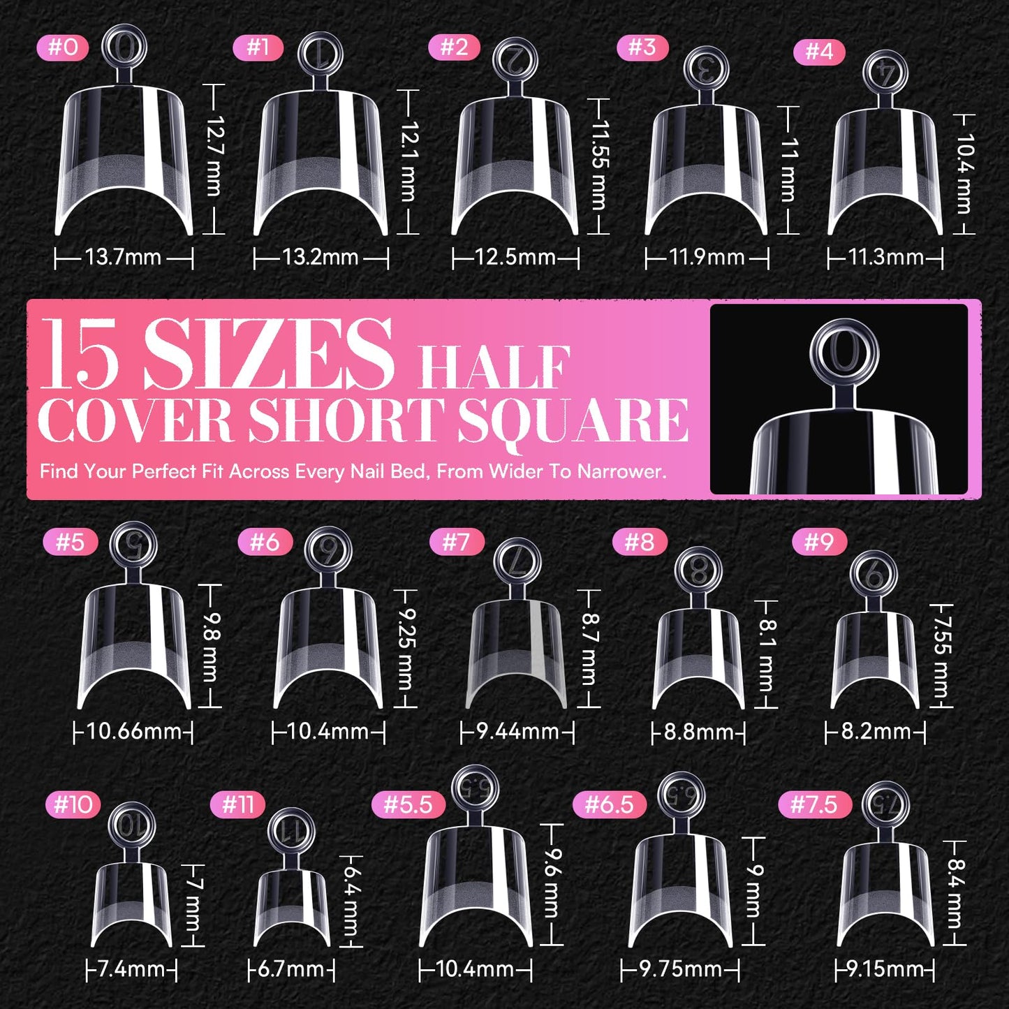 Makartt 420Pcs Short Almond & Tapered Square Half Cover Nail Tips: 2 Shapes Clear Tips Set with 15 Sizes, Pre-Etched Inside False Nails for DIY Nail Extensions, Salon Manicure Supplies DIY at Home