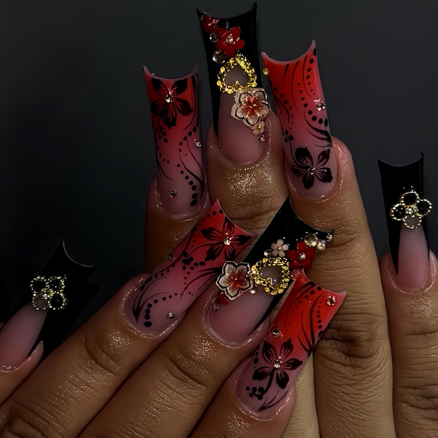 Long Press on Nails Square Fake Nails Red French Artificial Nail with 3D Flowers and Gold Charm Designs Cute Fall Nail Glossy Stick on Nails for Women 24pcs