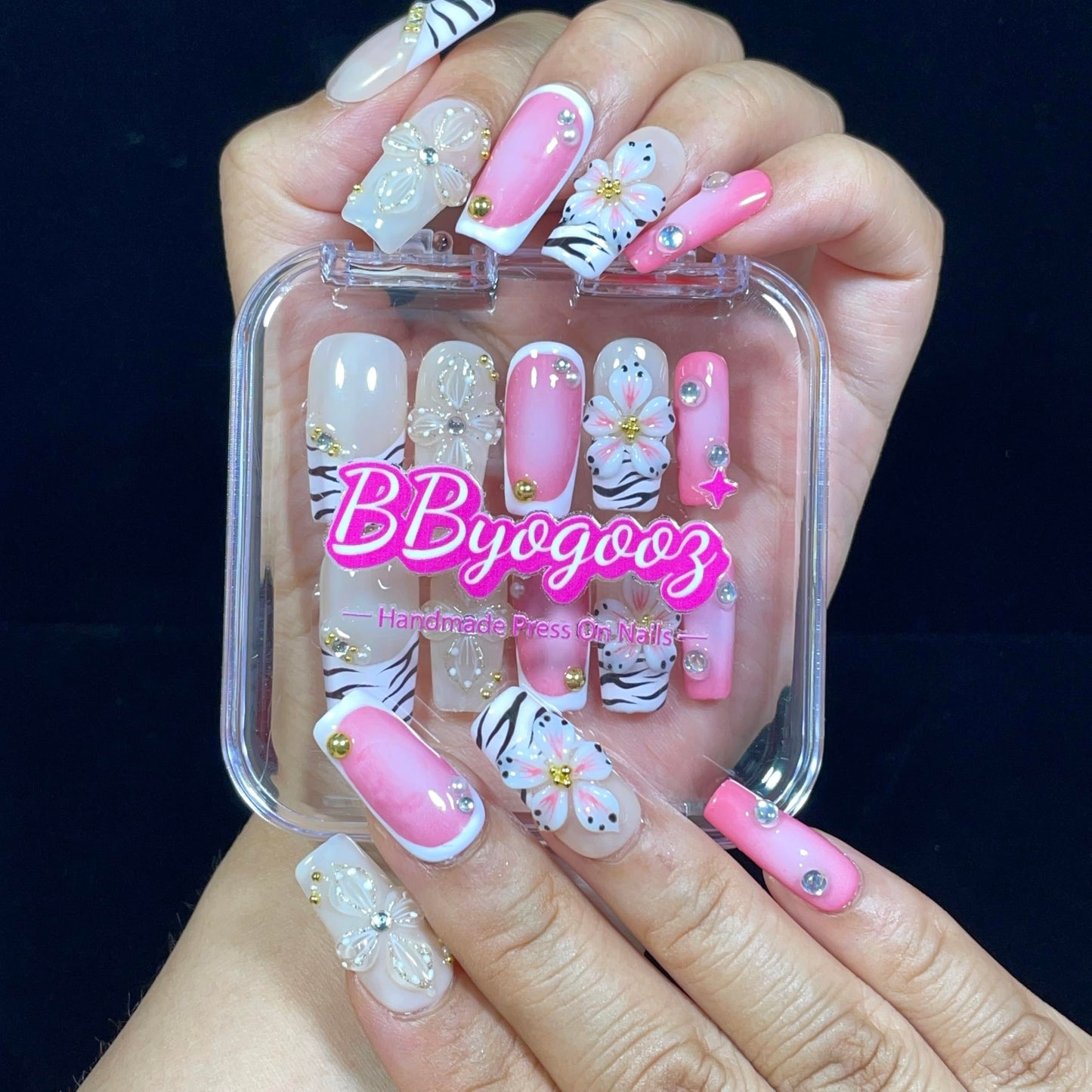 Handmade Press On Nails Short-Medium Square Bold Pink Zebra Stripes & 3D Floral | Glitter Flowers With Gold Accent | Reusable Acrylic Fake Nails for Parties & Daily (Pink Zebra, S)
