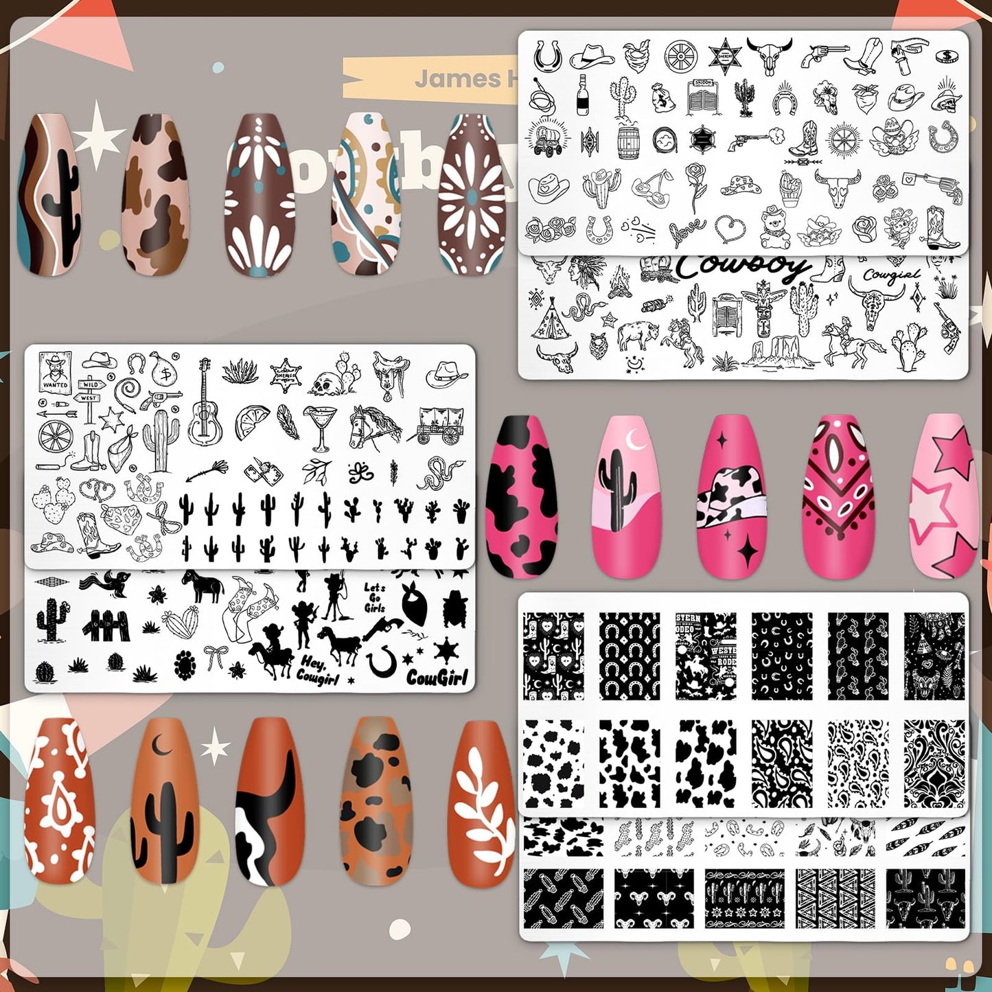 Whaline 6 Pcs Western Nail Plates Stamping Set Cowboy Cowgirl Stamp Templates Nail Art Plates for DIY Print Manicure Salon Design