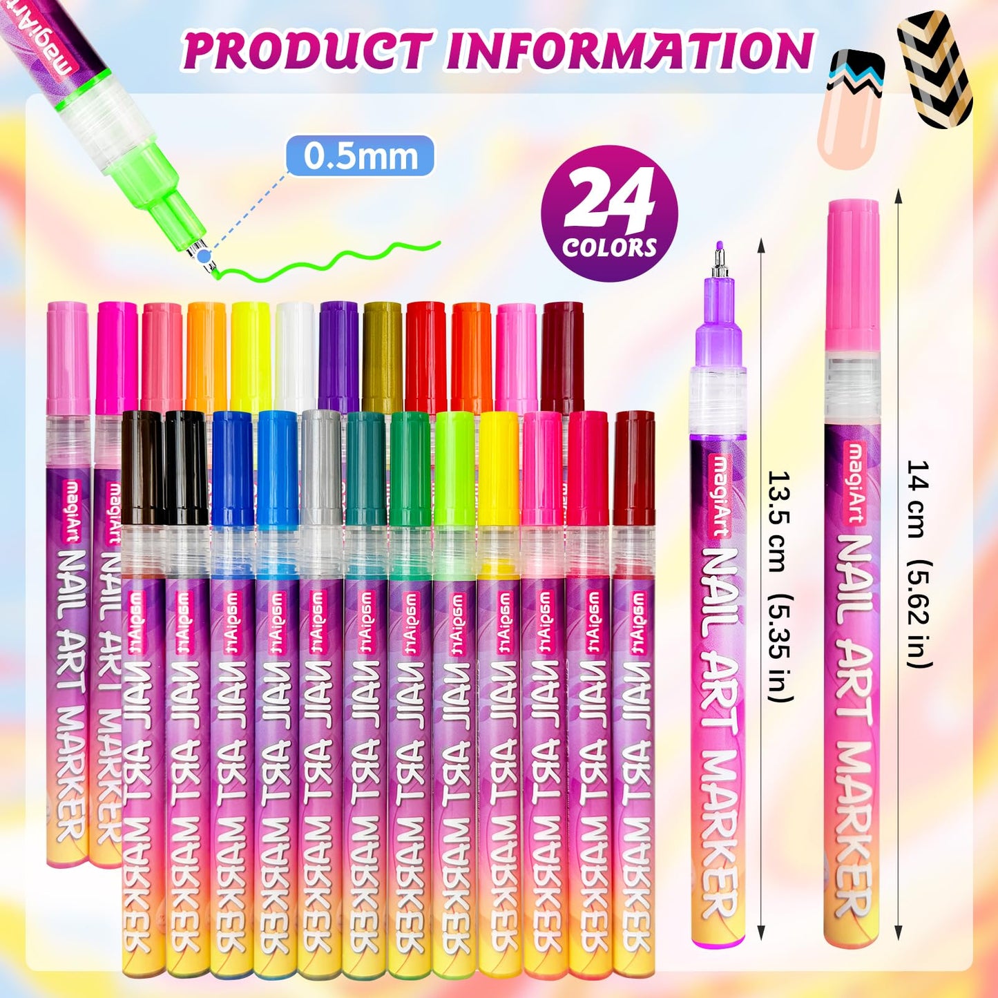 VIVIBOOM Glow In The Dark Nail Art Pens, 24 Color 0.5 MM Fluorescent Neon Nail Polish Pens Set Drawing Point Painting Liner Painted Pen Kit, Waterproof Nail for DIY Design Manicure Tools