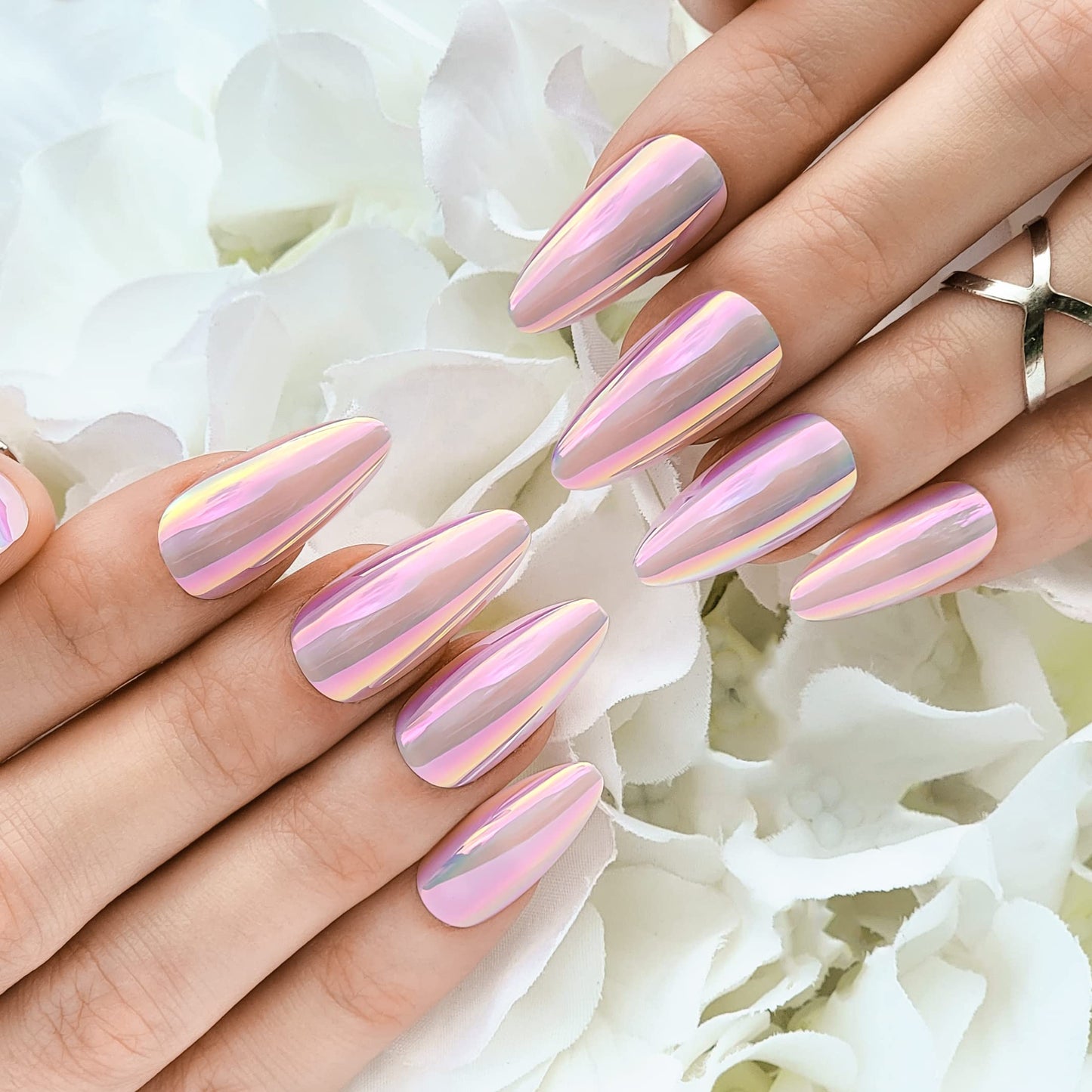 Hypnaughty Press On Nails - Caviar & Light Pink Almond Chrome, Trendy & Salon Quality Reusable Nails With Kit